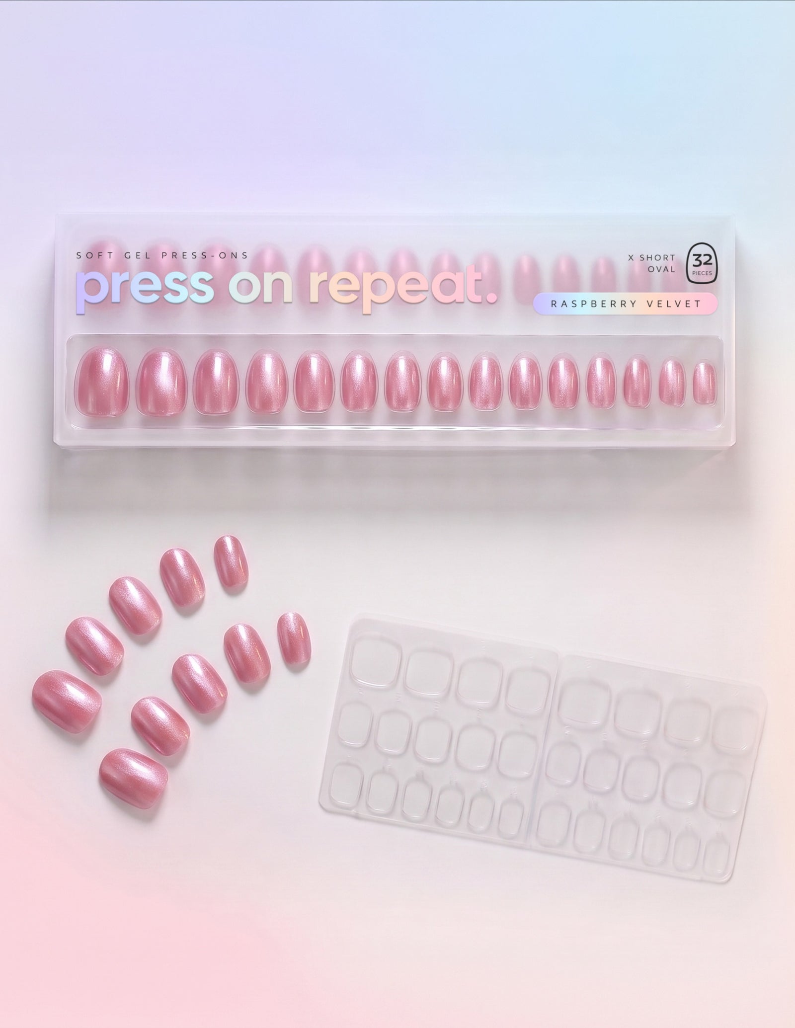 Raspberry Velvet press-on nails — Oval (extra-short) retail box with loose nails and adhesive tabs