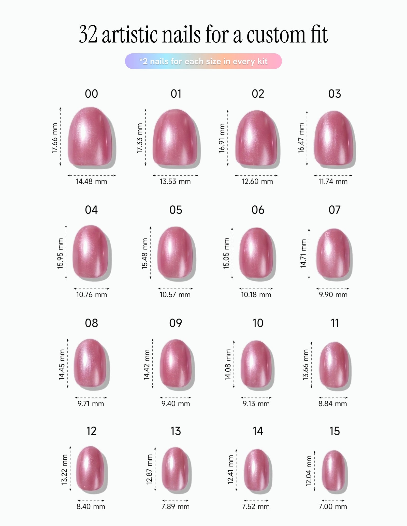 Raspberry Velvet — Oval size chart, 16 sizes with millimetre measurements
