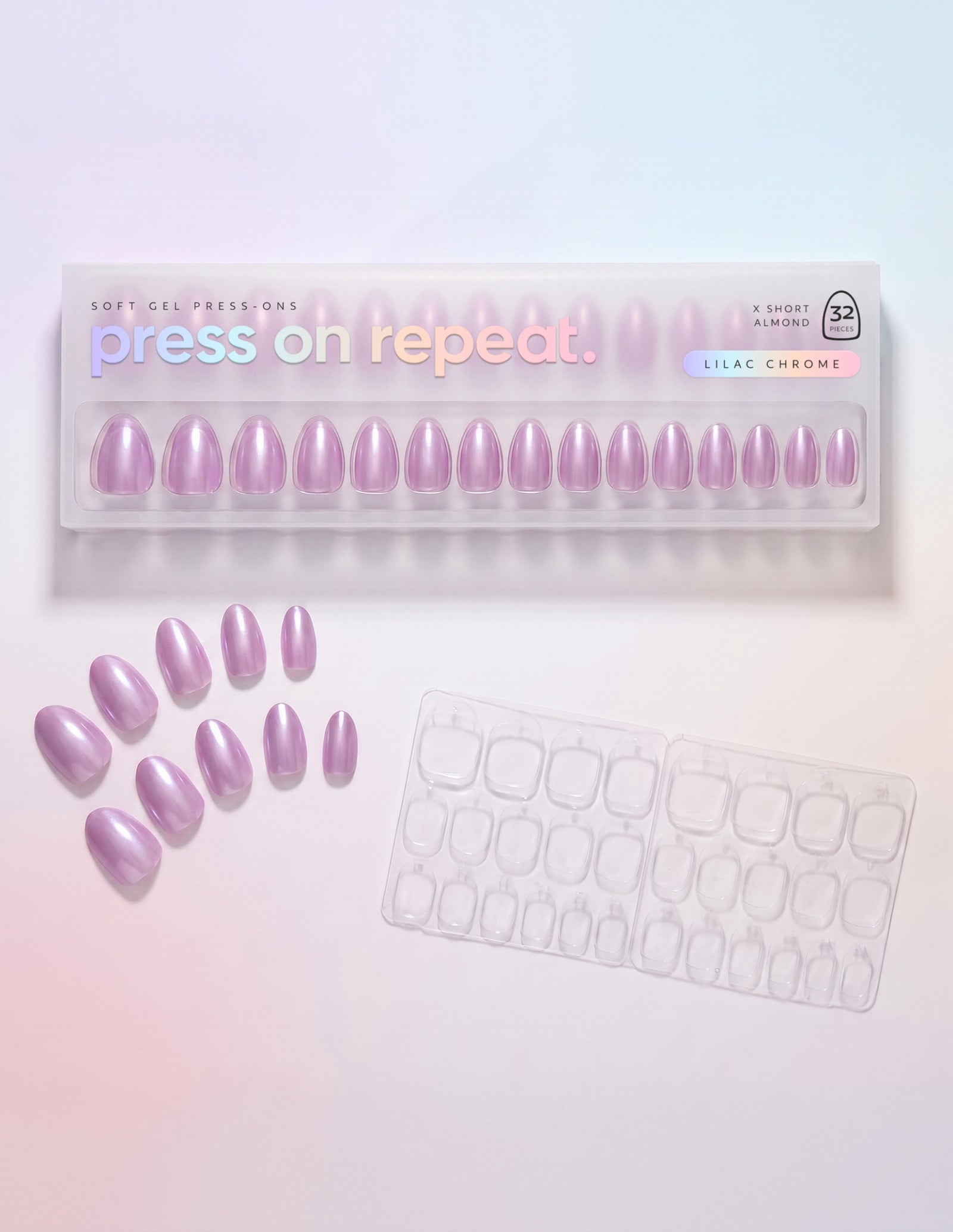 Lilac Chrome press-on nails — Almond (extra-short) retail box with loose nails and adhesive tabs