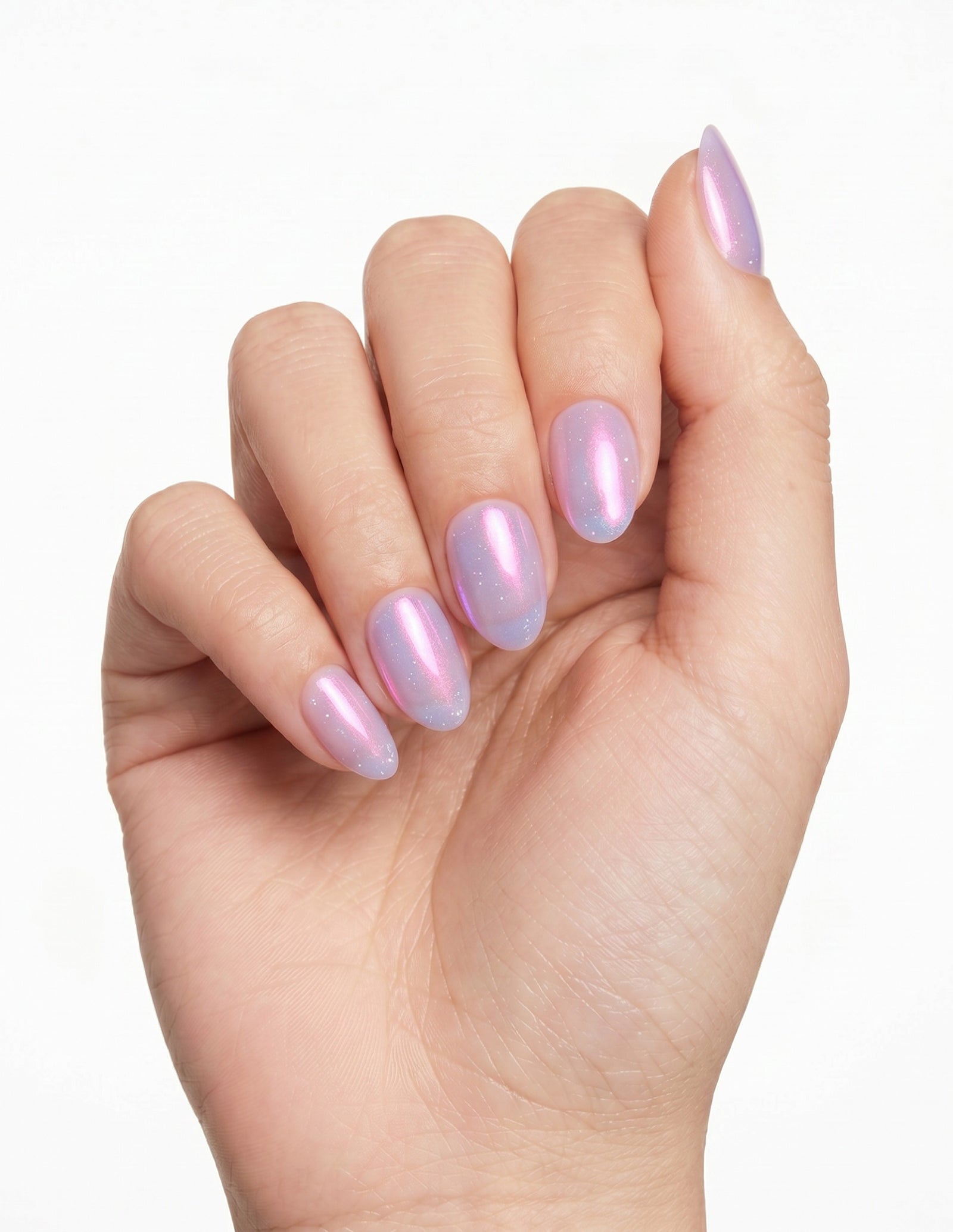 Lilac Chrome press-on nails — Almond (extra-short), light-skin hand, fingers curled