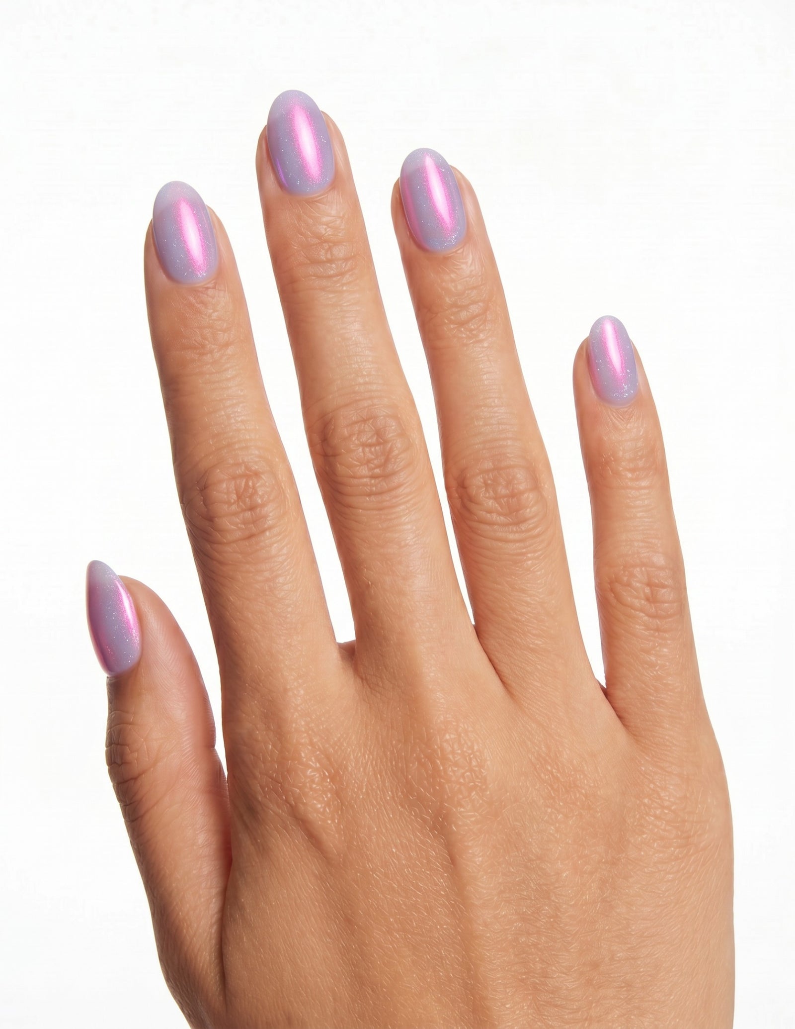 Lilac Chrome press-on nails — Almond (extra-short), tan hand, back of hand