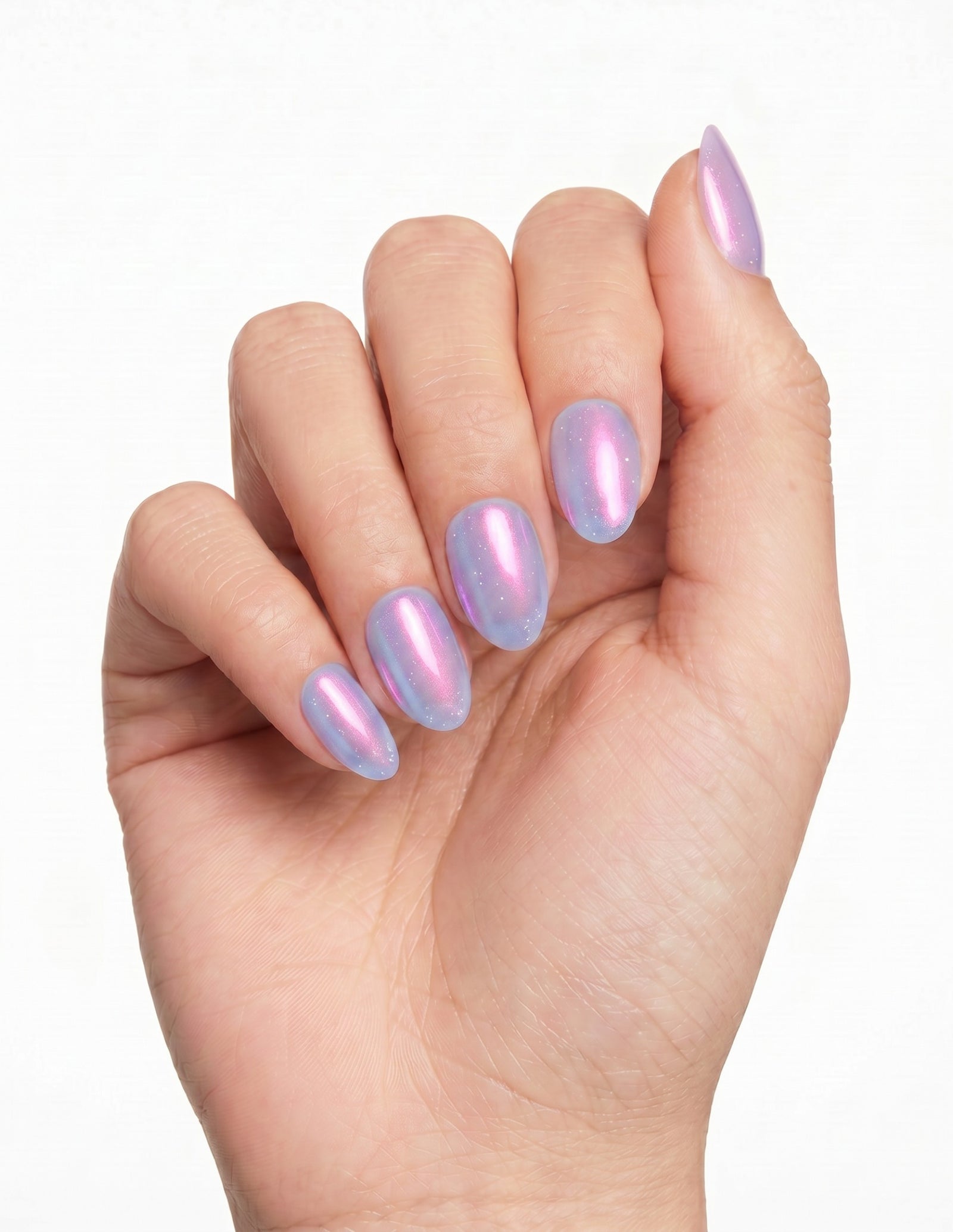 Lilac Chrome press-on nails — Almond (extra-short), deep-skin hand, fingers curled