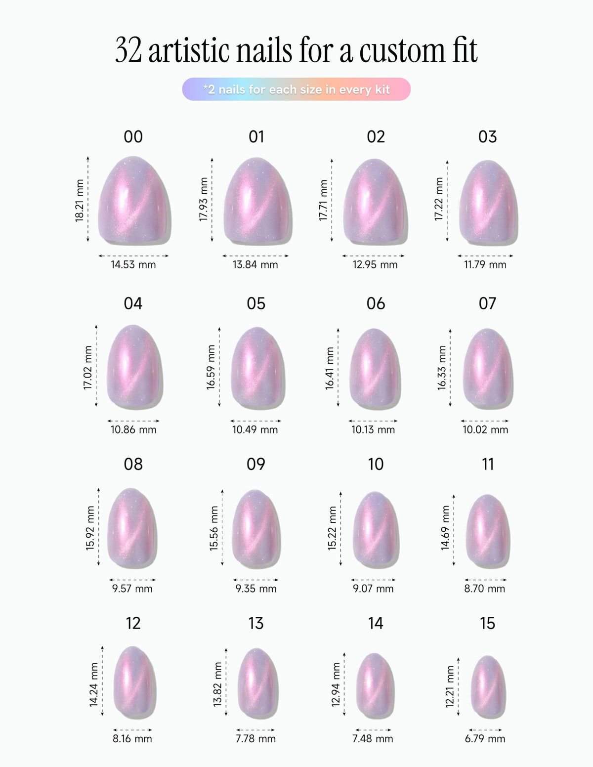 Lilac Chrome — Almond size chart, 16 sizes with millimetre measurements