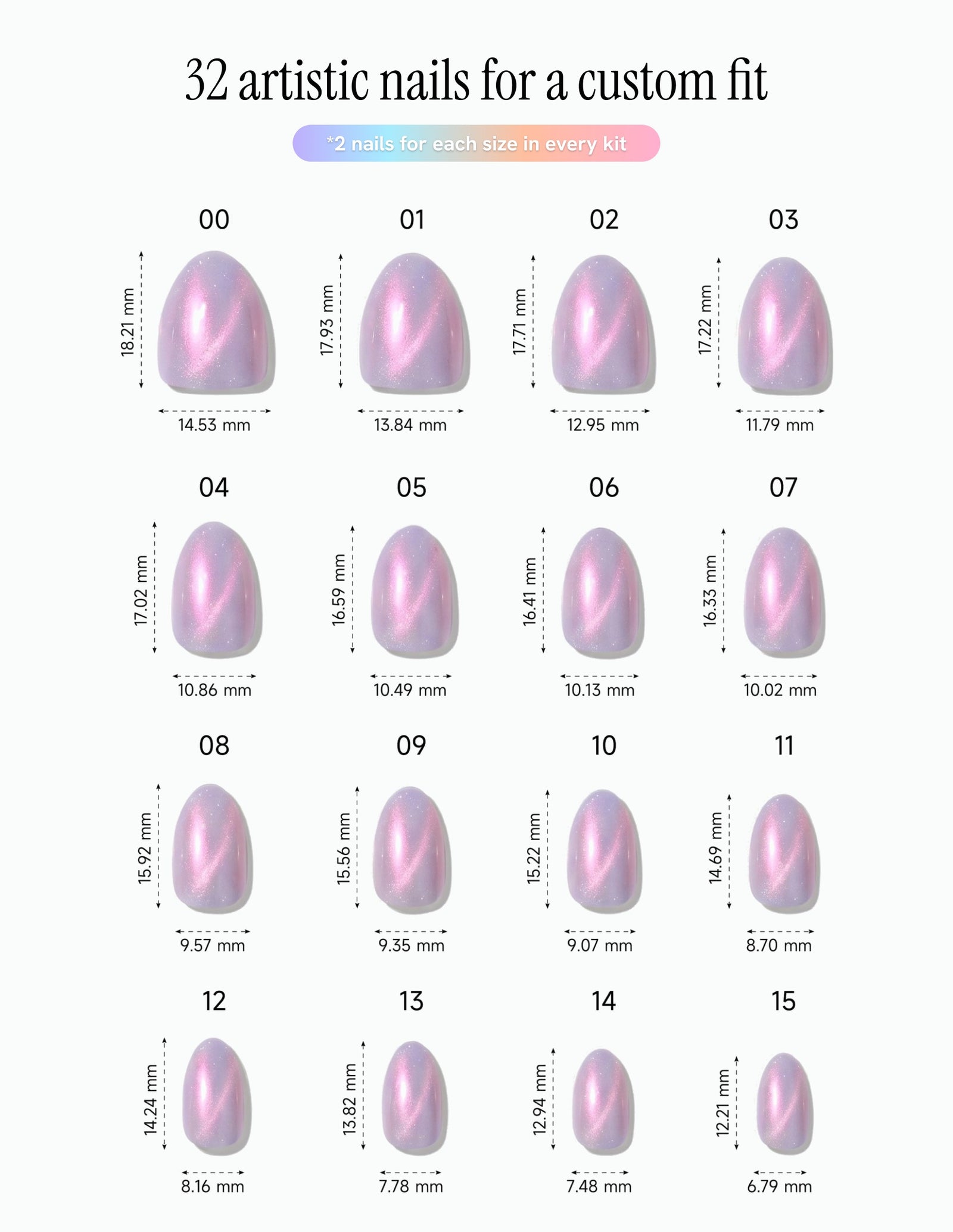 Lilac Chrome — Almond size chart, 16 sizes with millimetre measurements