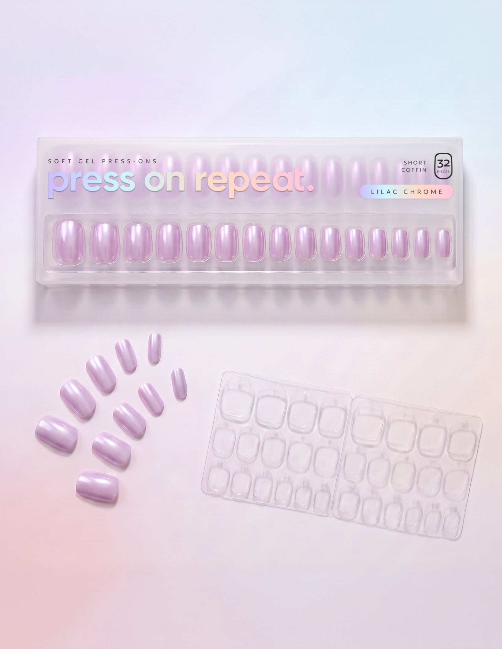 Lilac Chrome press-on nails — Coffin (short) retail box with loose nails and adhesive tabs
