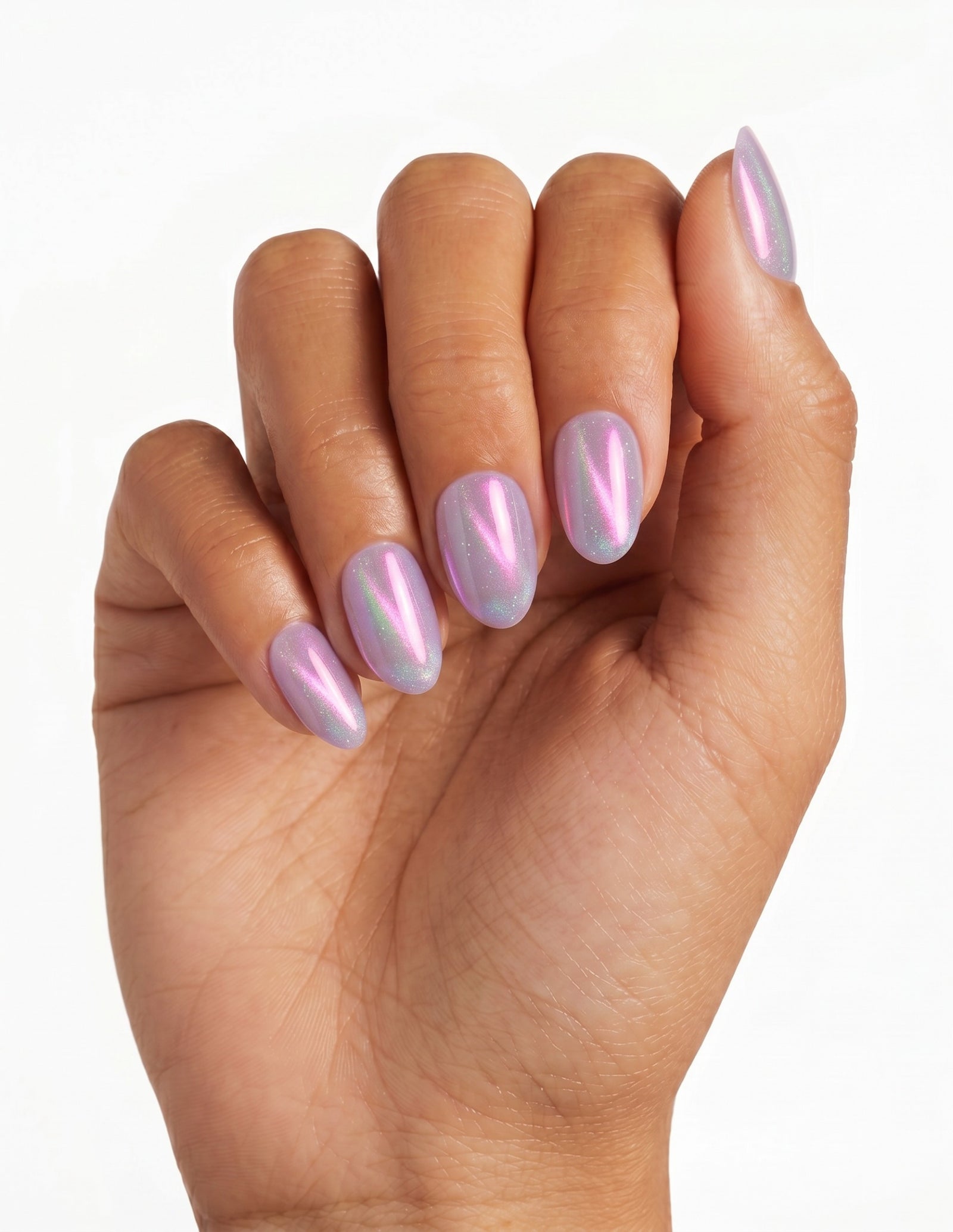 Lilac Chrome press-on nails — Coffin (short), tan hand, fingers curled