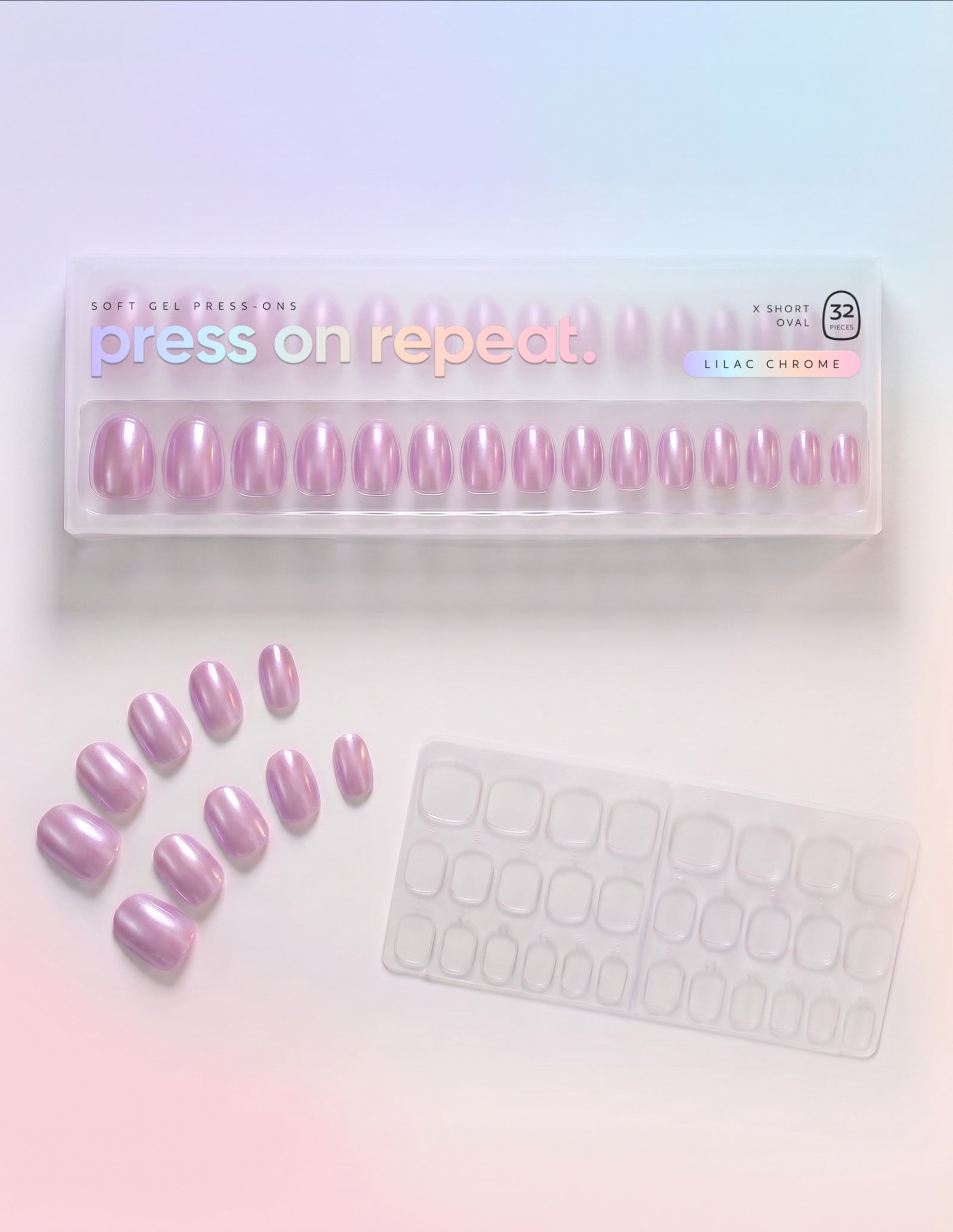 Lilac Chrome press-on nails — Oval (extra-short) retail box with loose nails and adhesive tabs