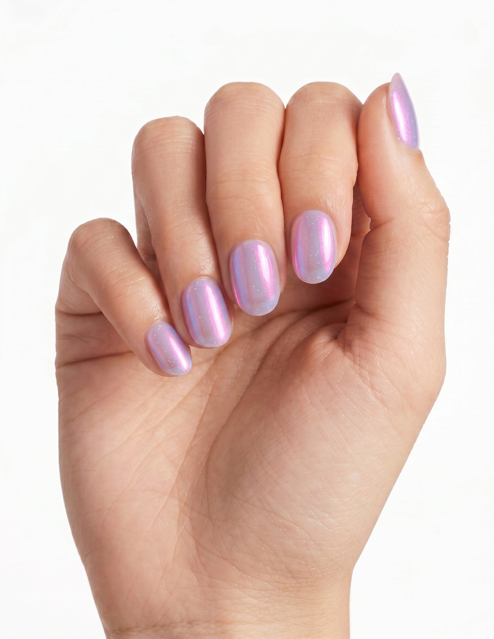 Lilac Chrome press-on nails — Oval (extra-short), light-skin hand, fingers curled
