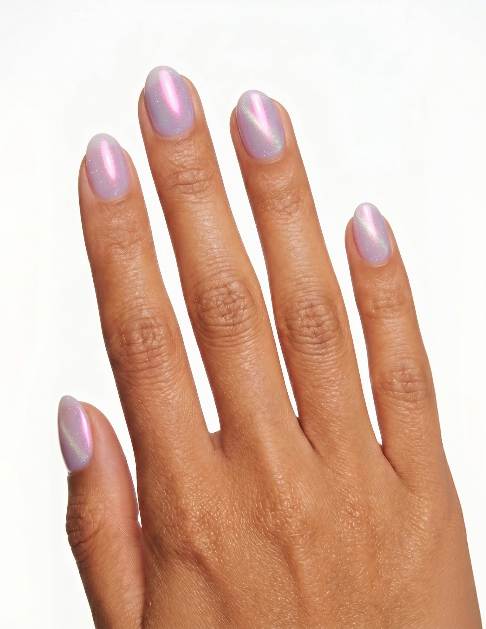 Lilac Chrome press-on nails — Oval (extra-short), light-skin hand, back of hand