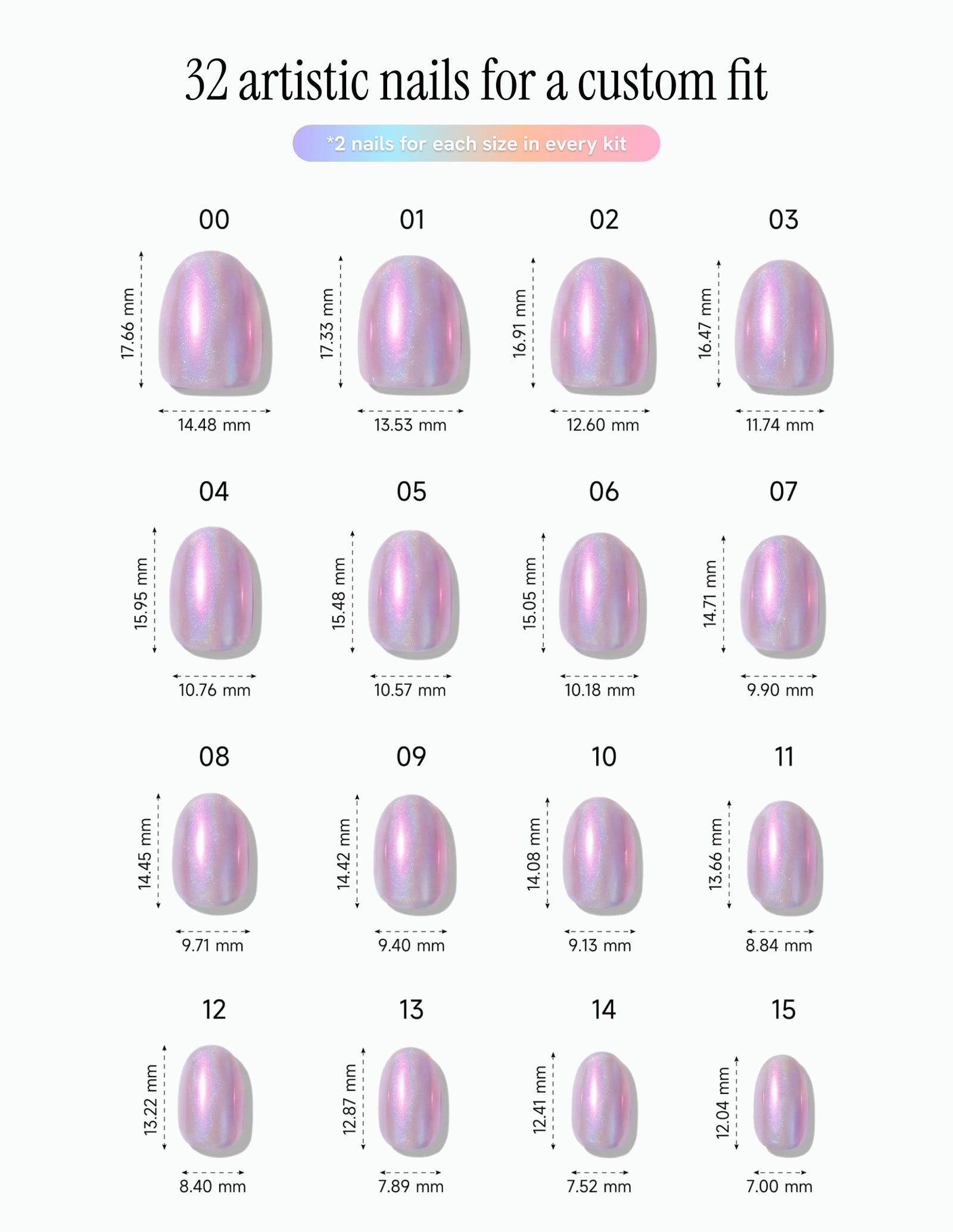 Lilac Chrome — Oval size chart, 16 sizes with millimetre measurements