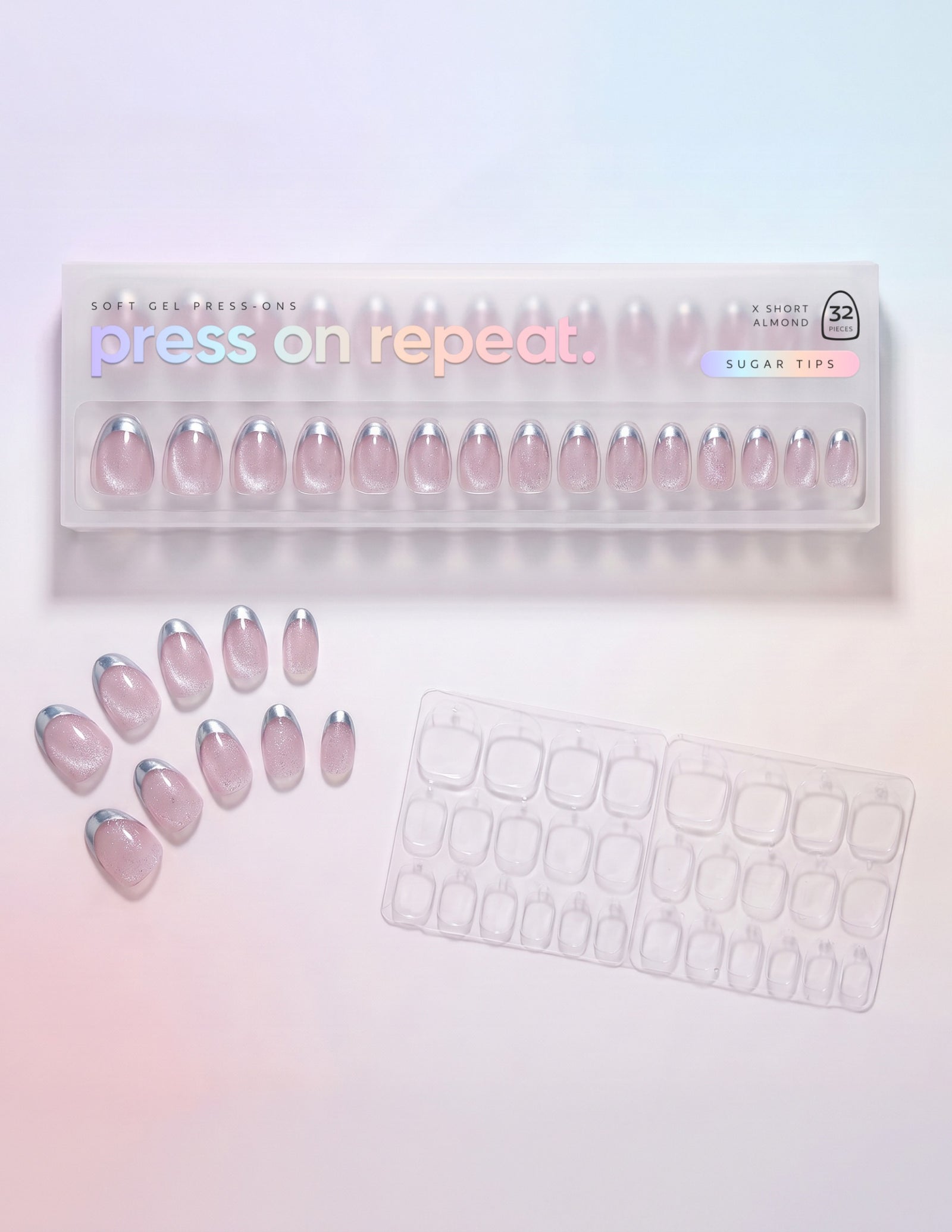 Sugar Tips press-on nails — Almond (extra-short) retail box with loose nails and adhesive tabs