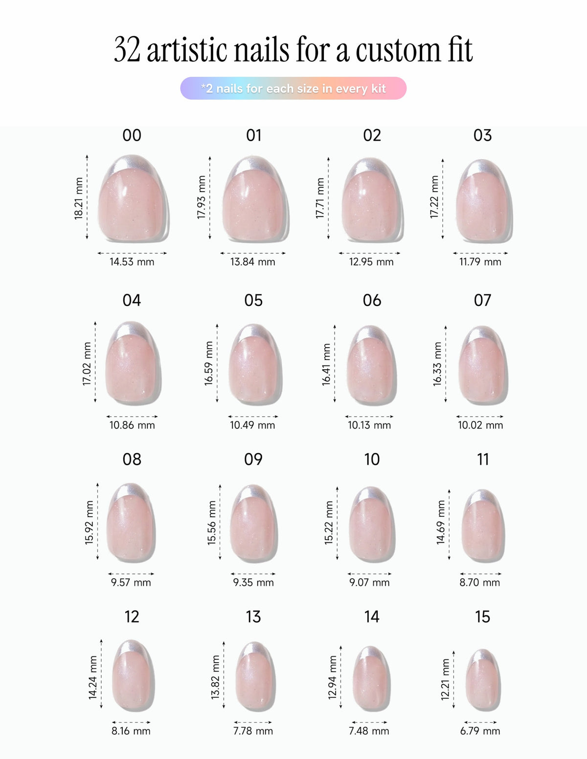 Sugar Tips — Almond size chart, 16 sizes with millimetre measurements