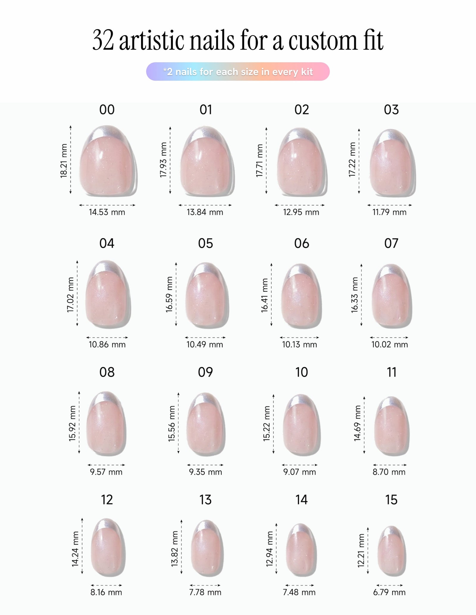 Sugar Tips — Almond size chart, 16 sizes with millimetre measurements
