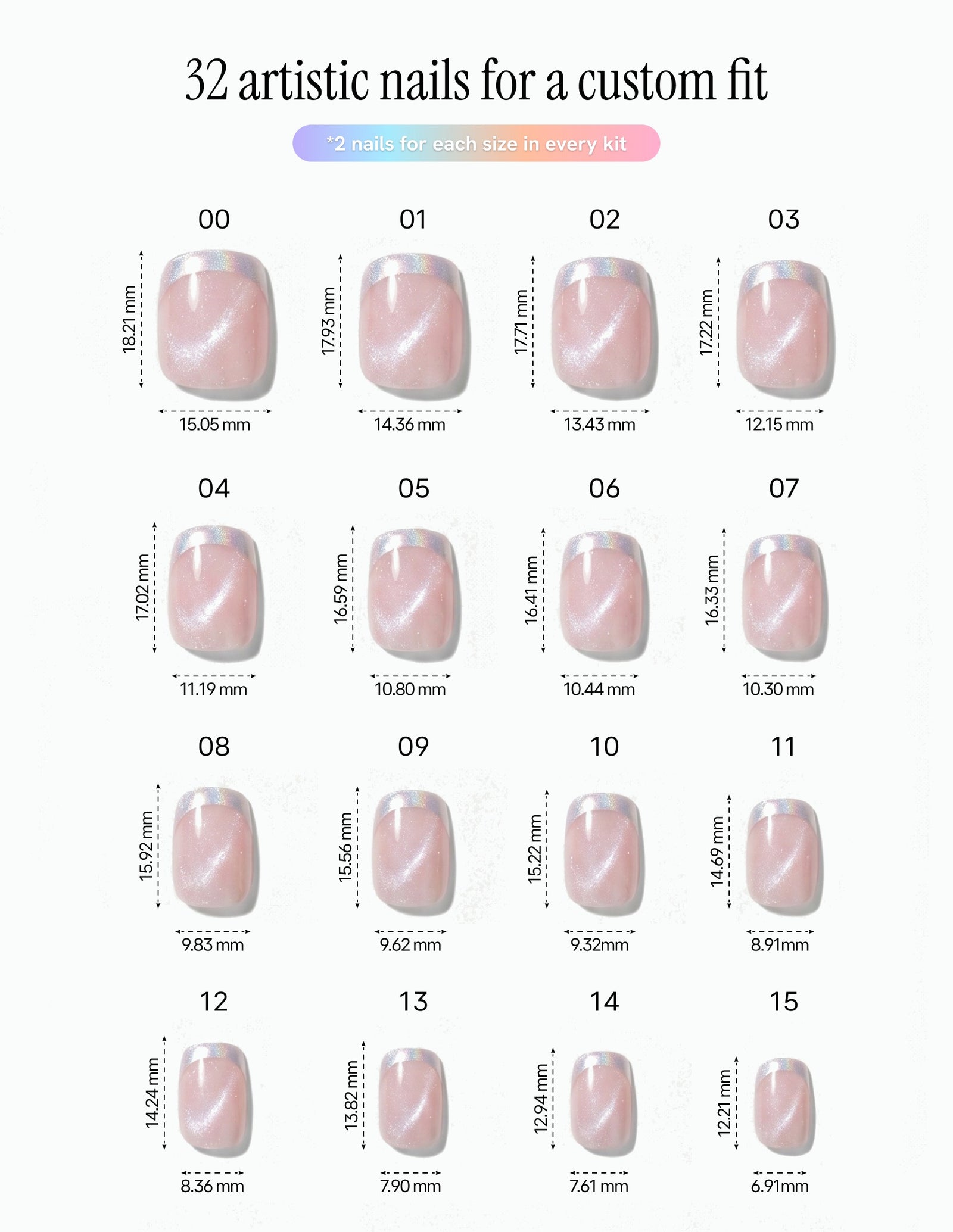 Sugar Tips — Coffin size chart, 16 sizes with millimetre measurements