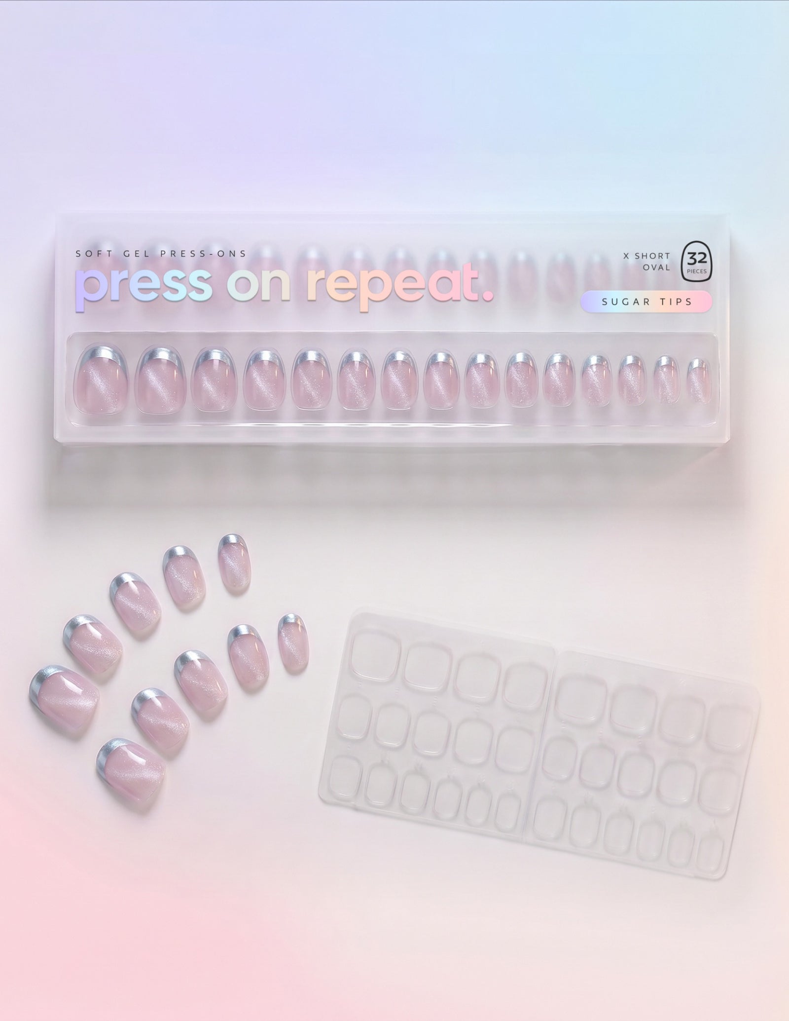 Sugar Tips press-on nails — Oval (extra-short) retail box with loose nails and adhesive tabs