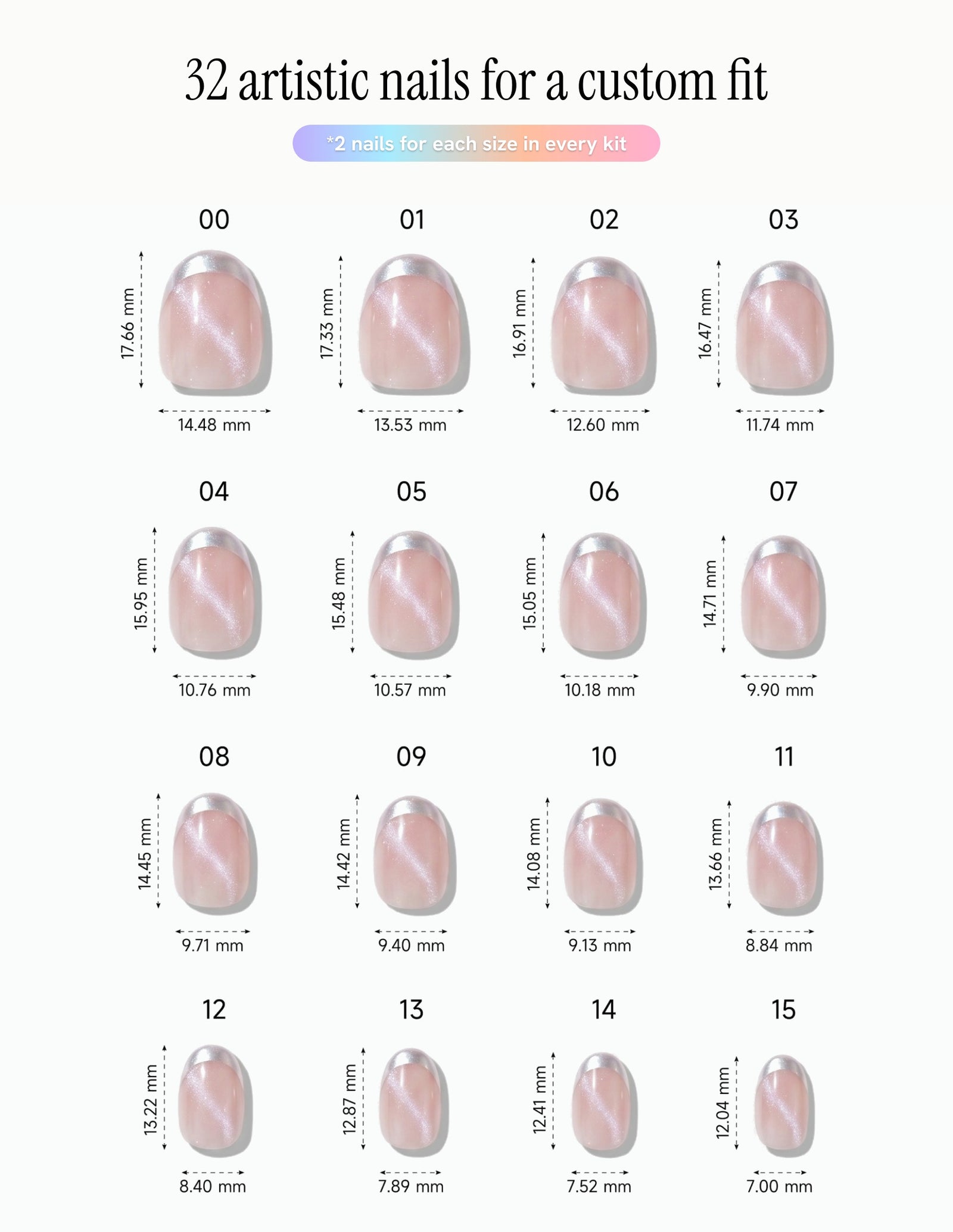 Sugar Tips — Oval size chart, 16 sizes with millimetre measurements