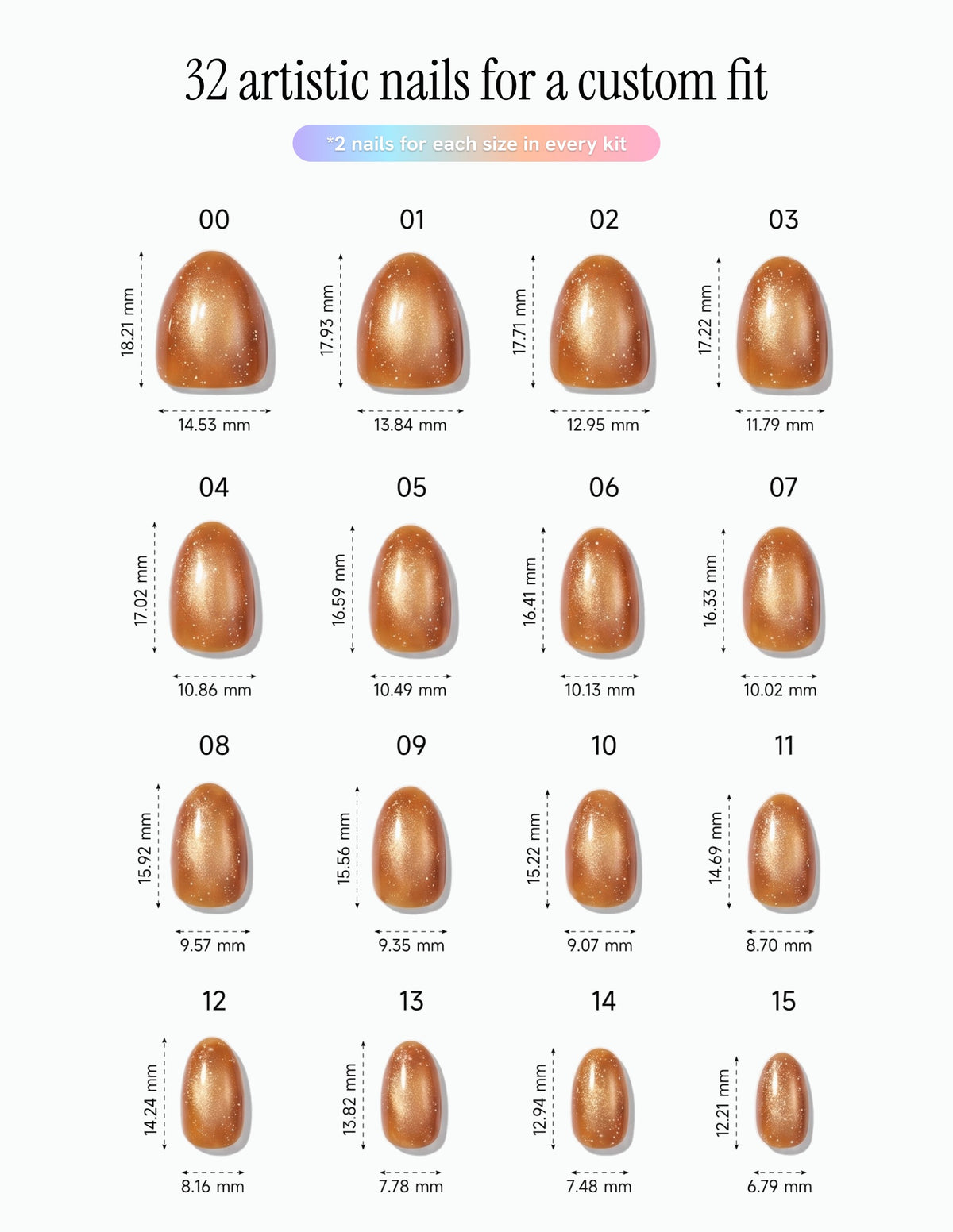 Cinnamon Velvet — Almond size chart, 16 sizes with millimetre measurements