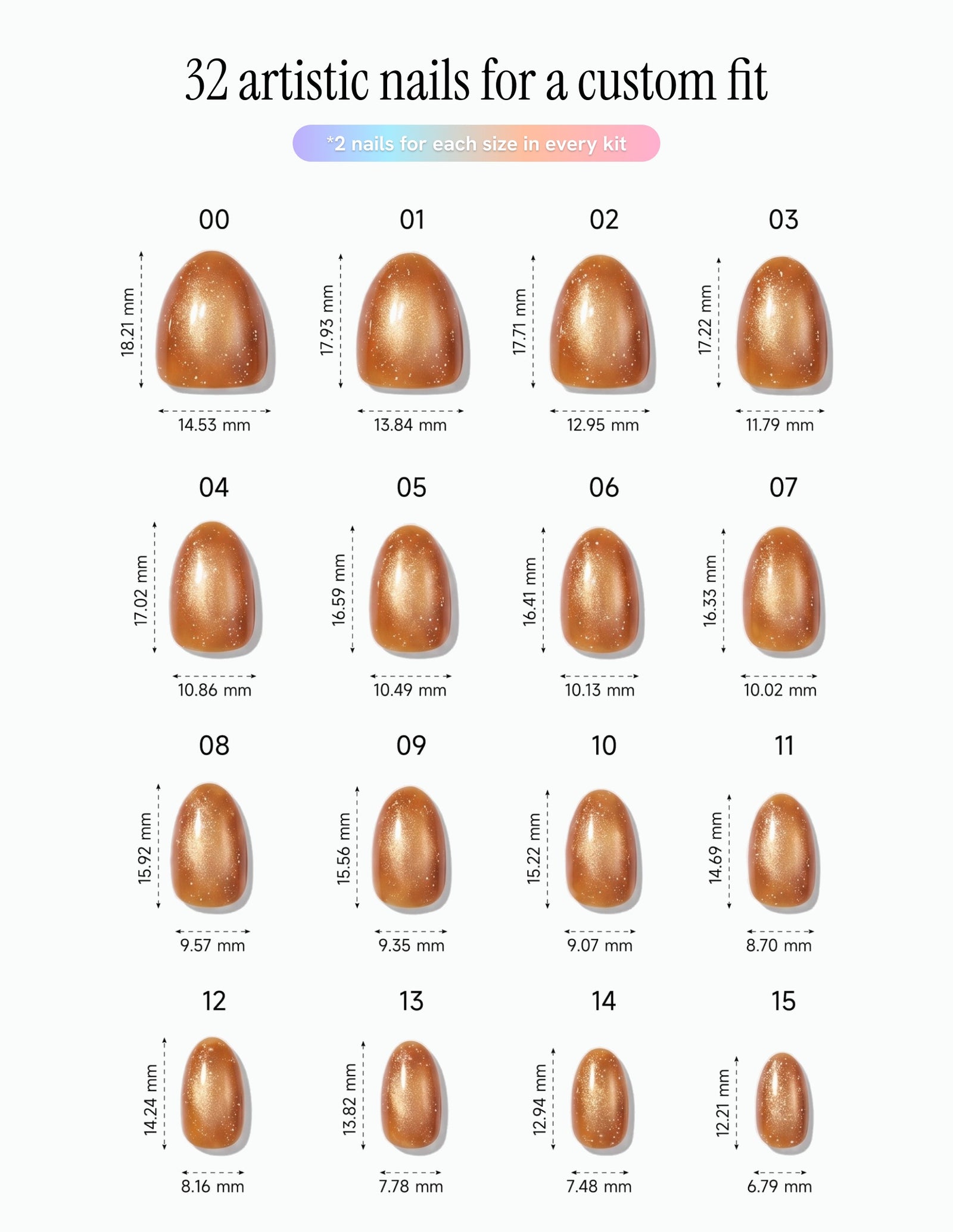 Cinnamon Velvet — Almond size chart, 16 sizes with millimetre measurements