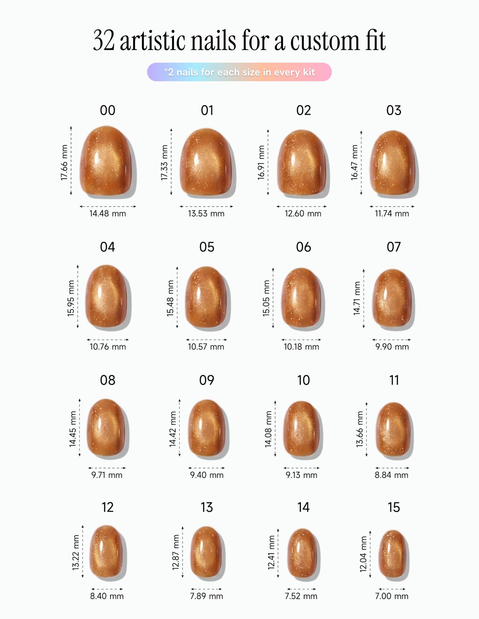 Cinnamon Velvet — Oval size chart, 16 sizes with millimetre measurements