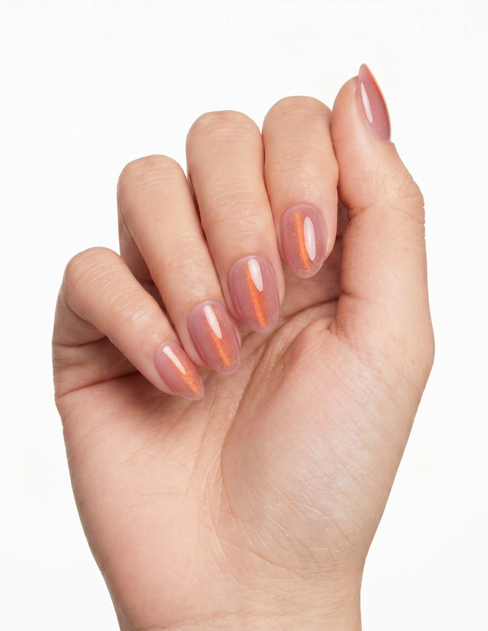Spritz press-on nails — Almond (extra-short), light-skin hand, fingers curled