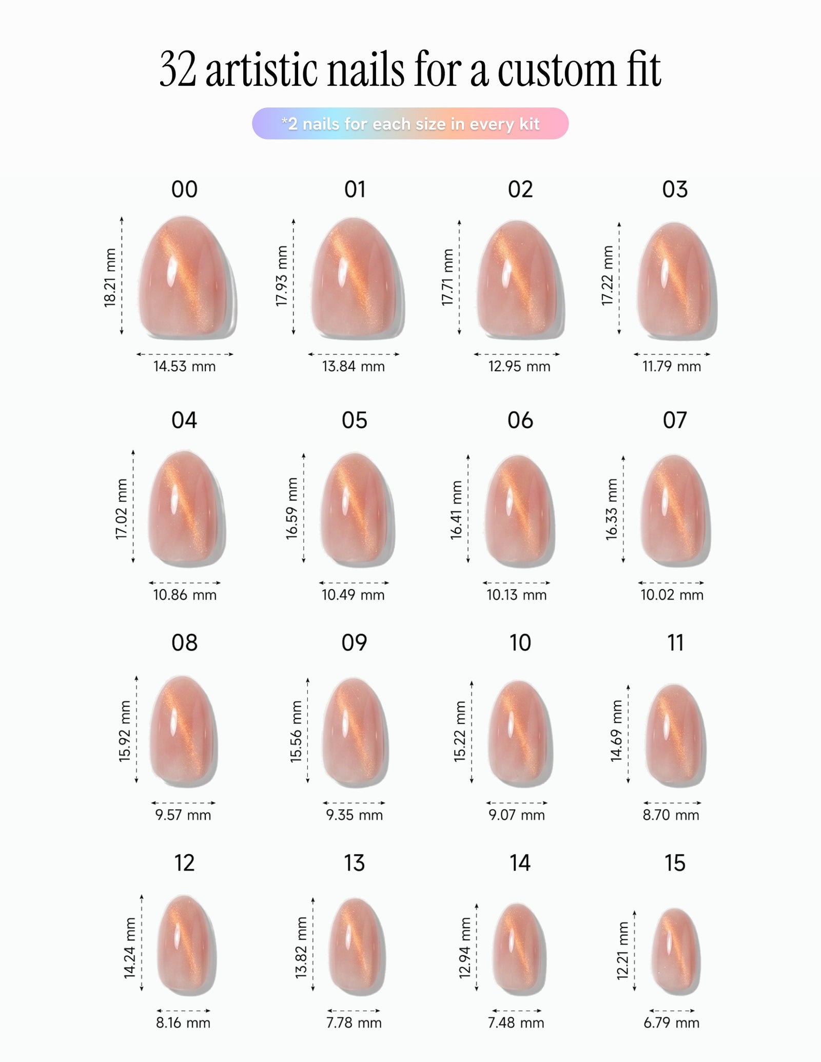 Spritz — Almond size chart, 16 sizes with millimetre measurements