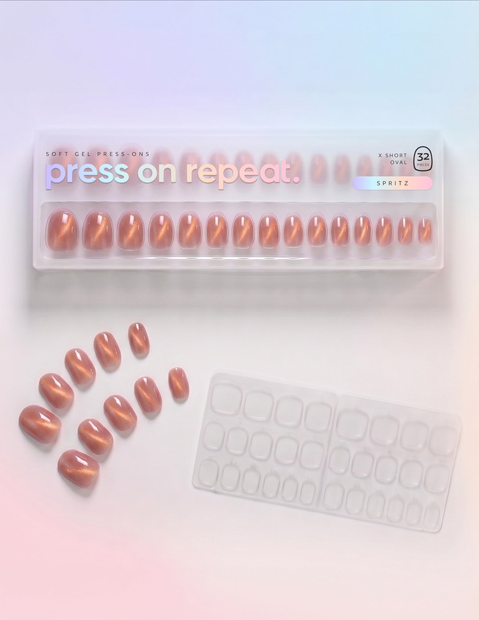 Spritz press-on nails — Oval (extra-short) retail box with loose nails and adhesive tabs