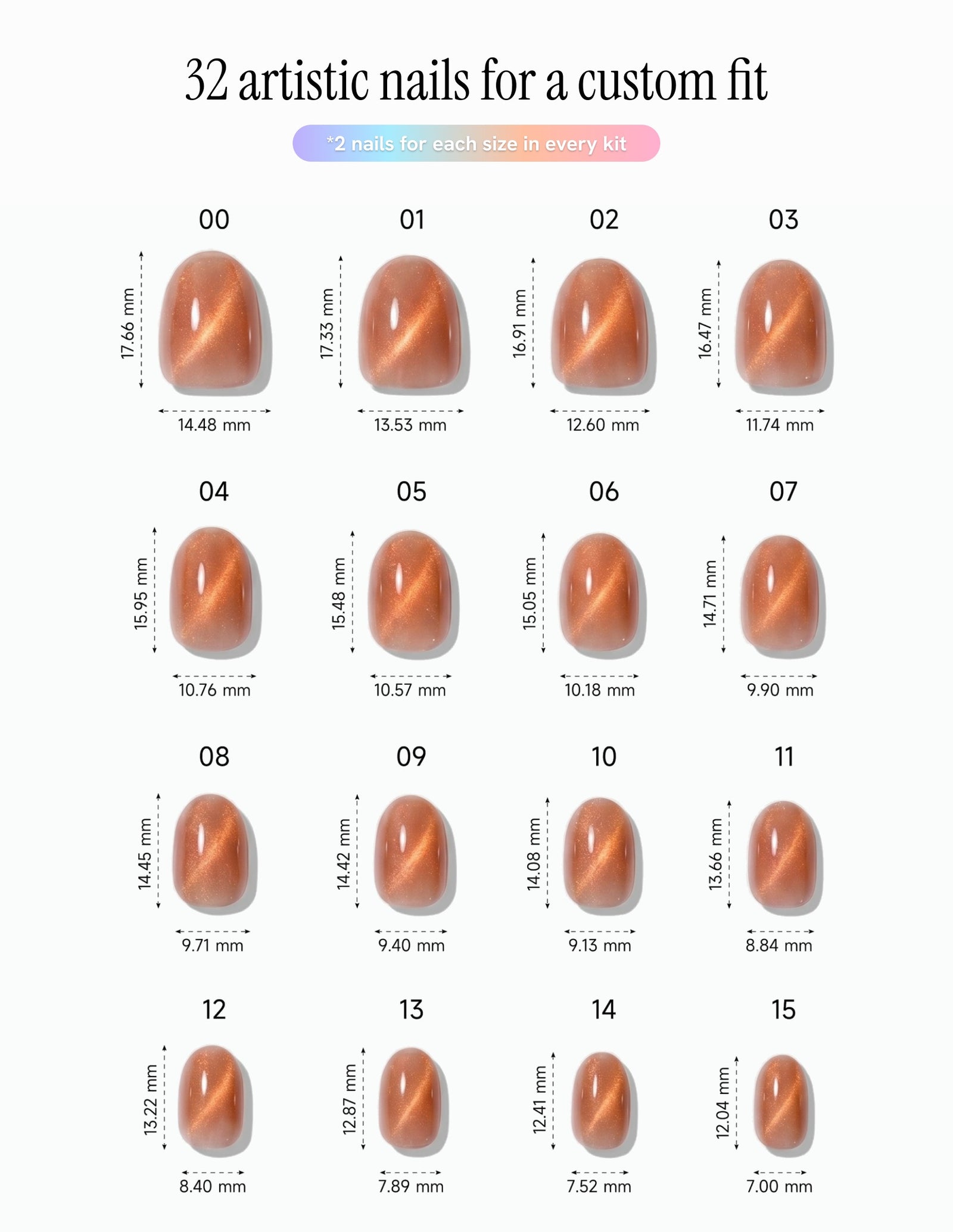 Spritz — Oval size chart, 16 sizes with millimetre measurements