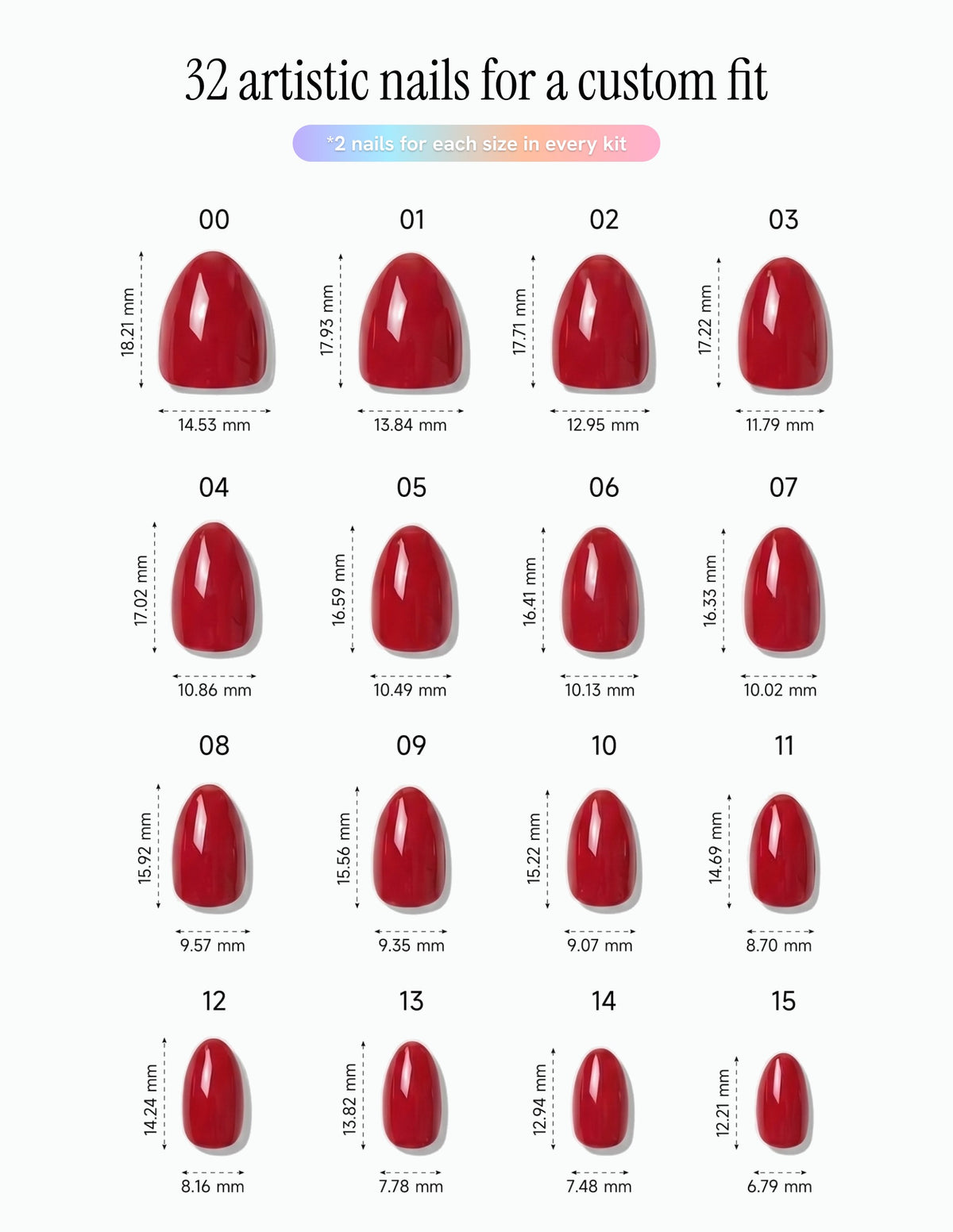 The Red — Almond size chart, 16 sizes with millimetre measurements