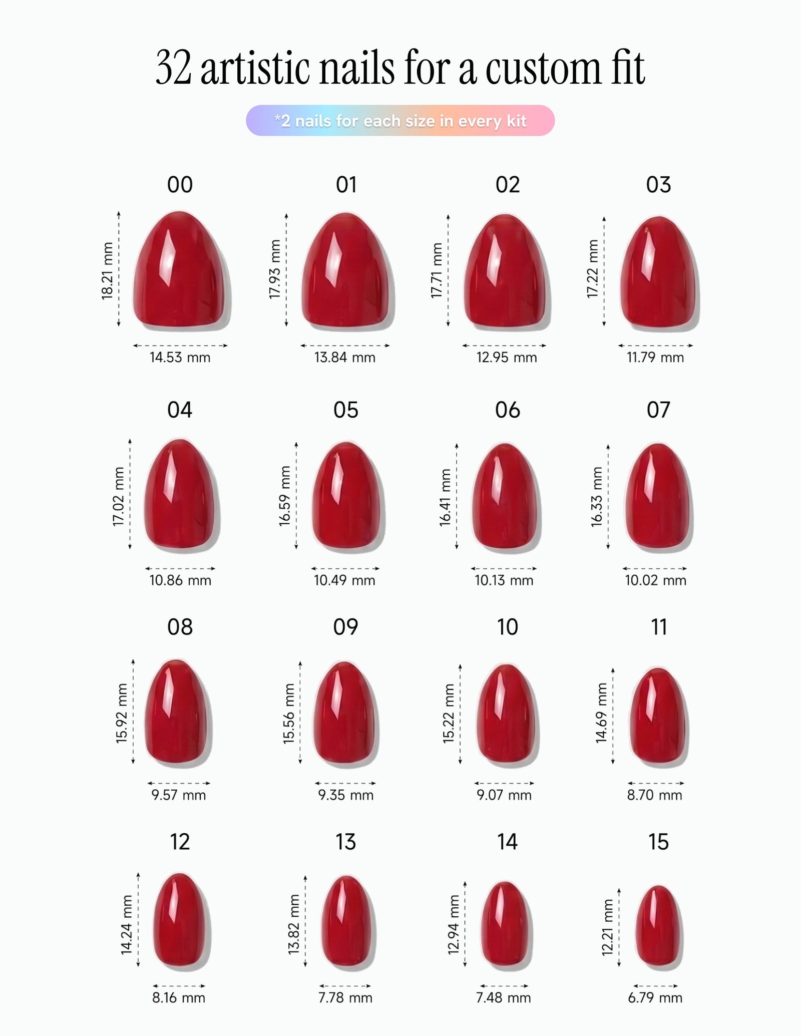 The Red — Almond size chart, 16 sizes with millimetre measurements