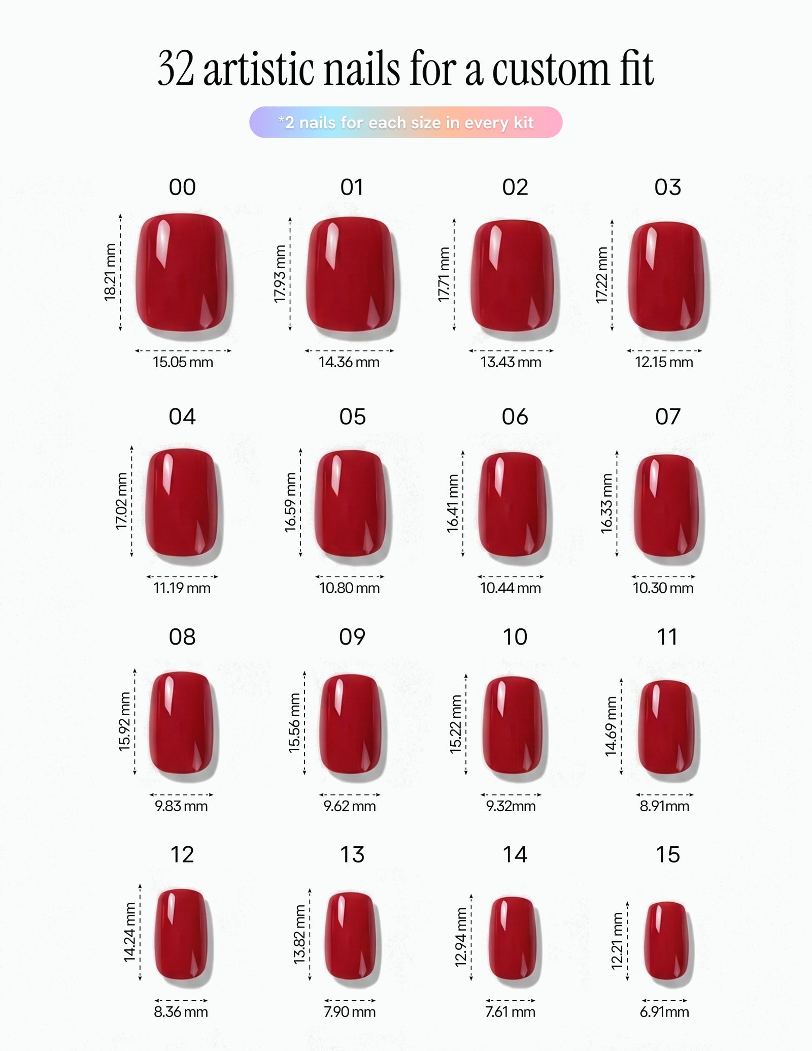 The Red — Coffin size chart, 16 sizes with millimetre measurements