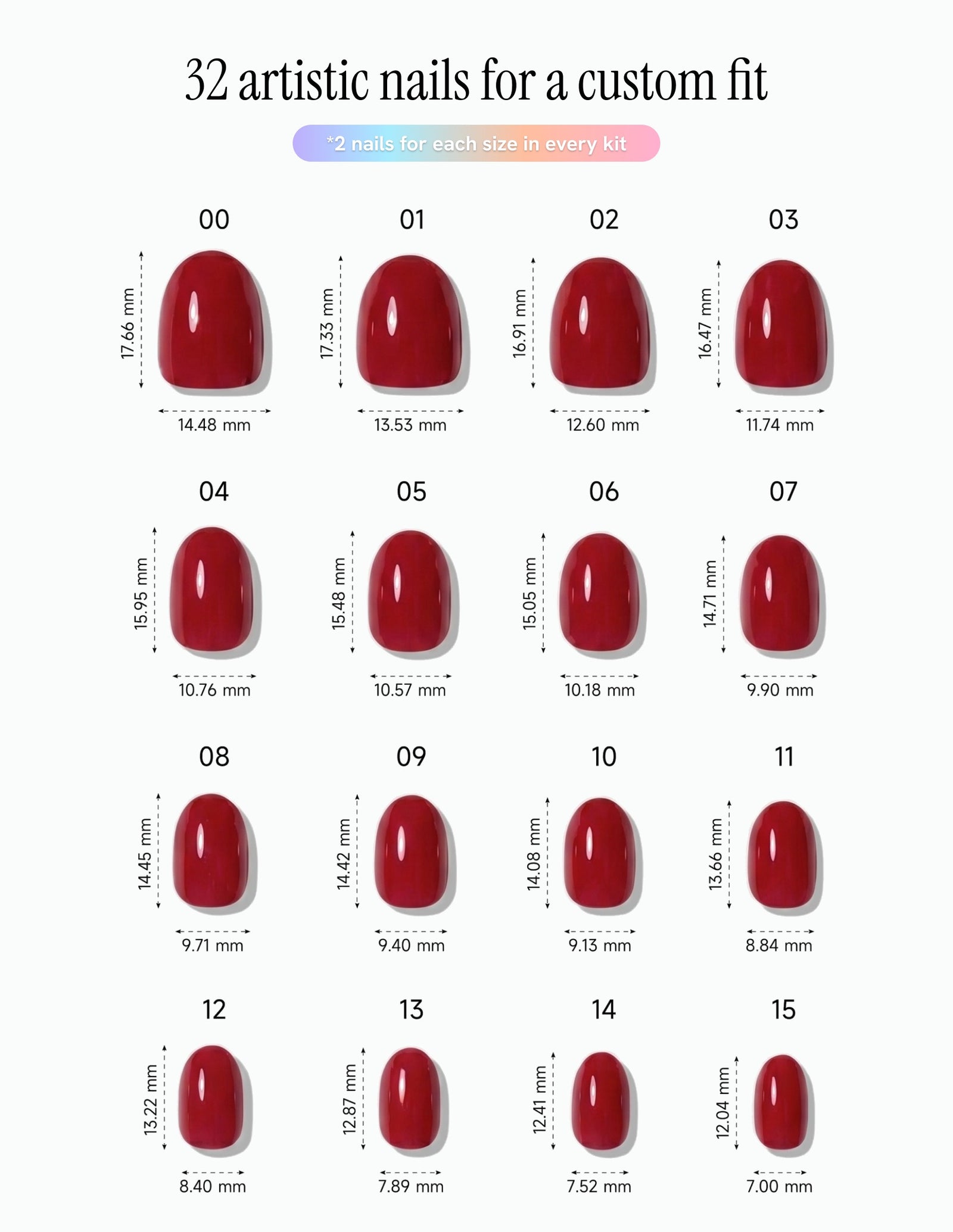 The Red — Oval size chart, 16 sizes with millimetre measurements