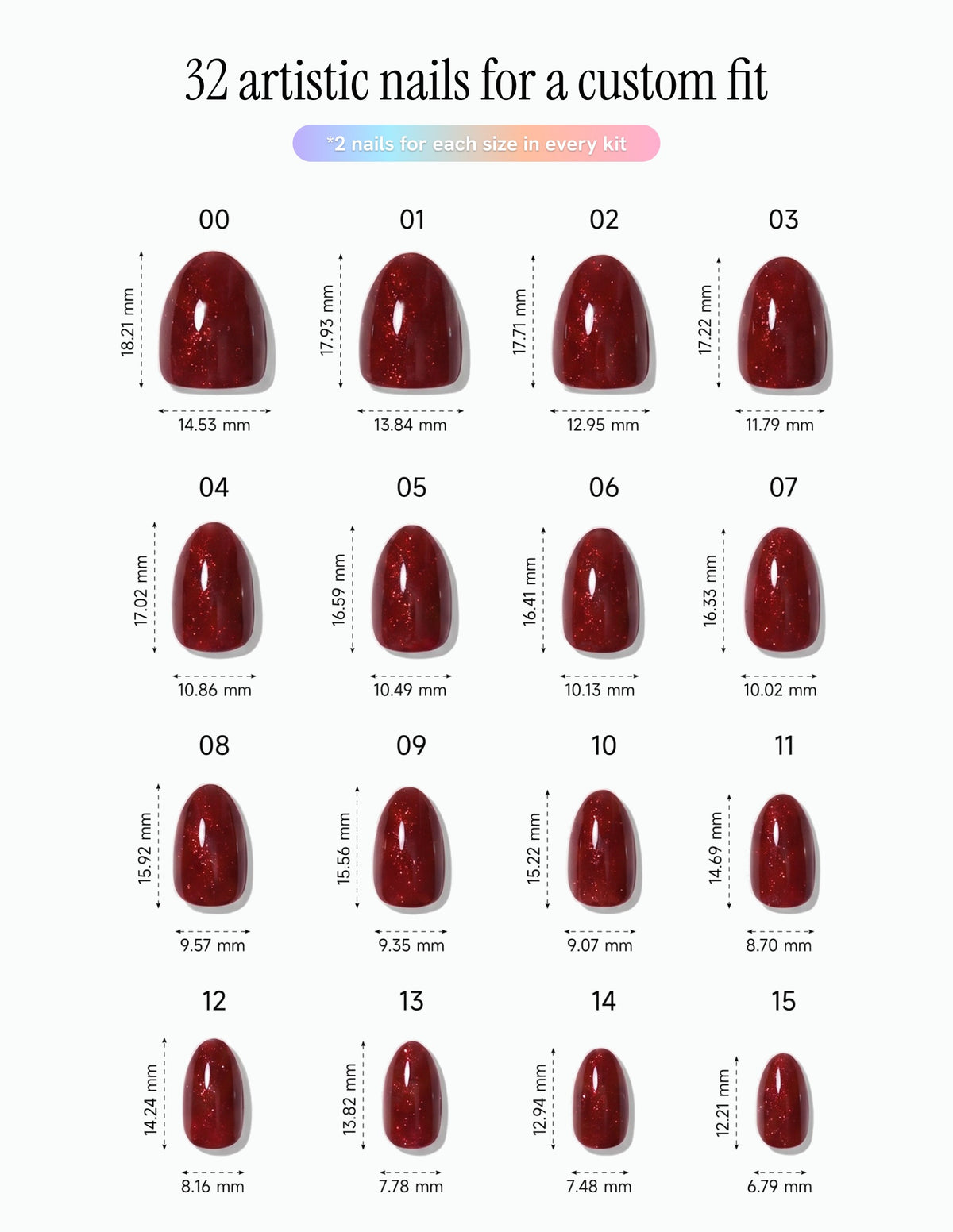 Garnet — Almond size chart, 16 sizes with millimetre measurements