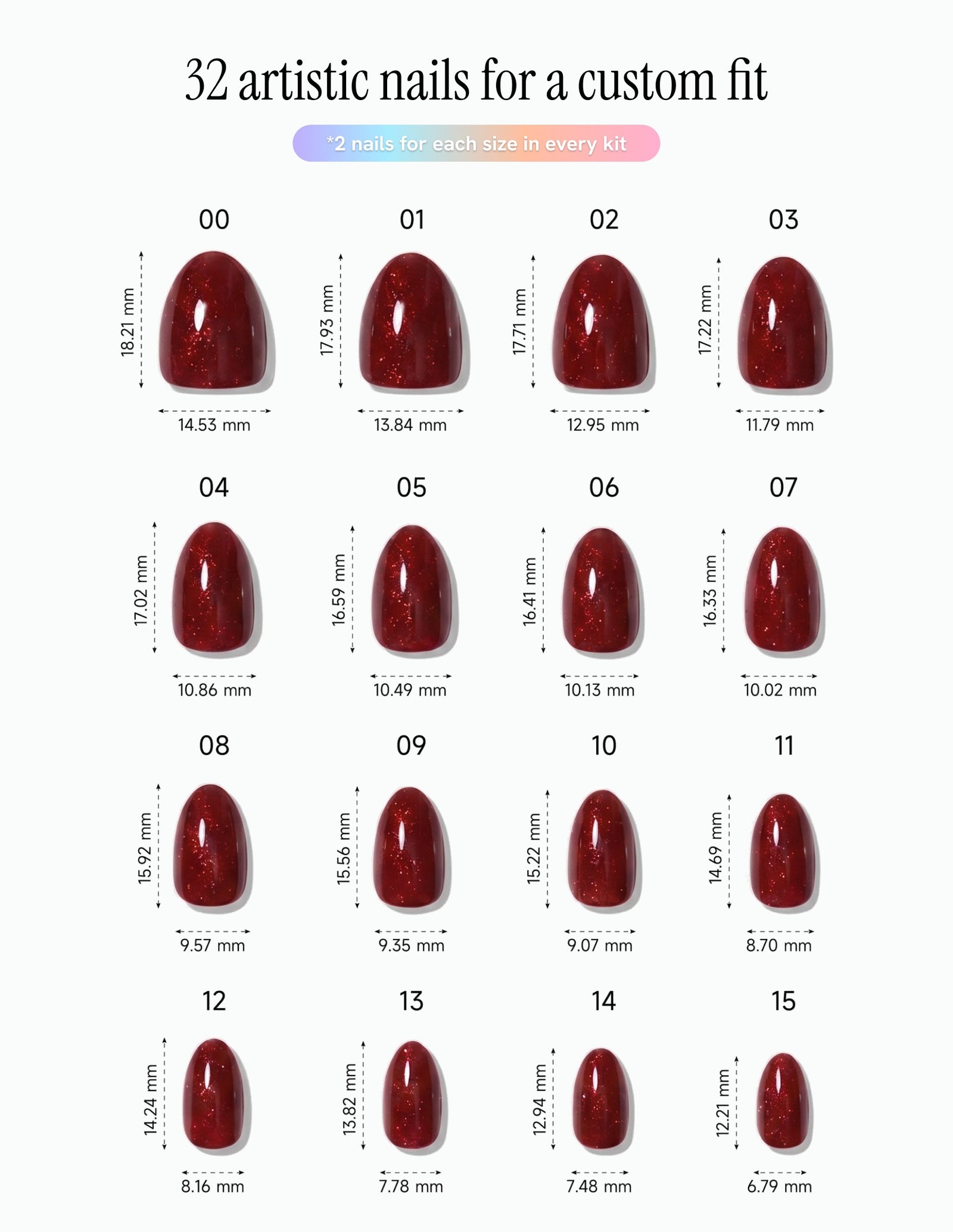 Garnet — Almond size chart, 16 sizes with millimetre measurements