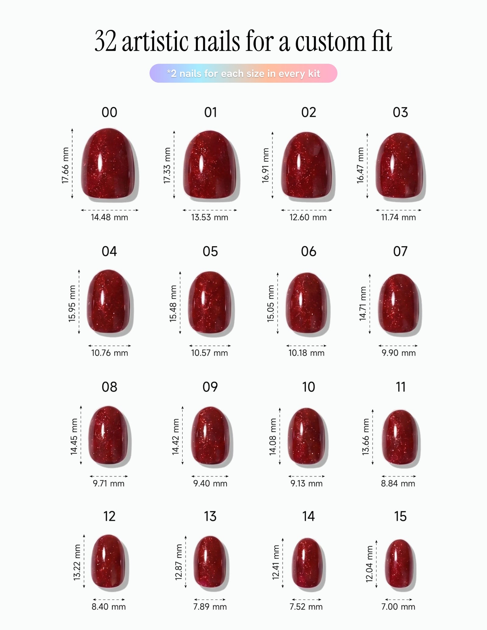 Garnet — Oval size chart, 16 sizes with millimetre measurements