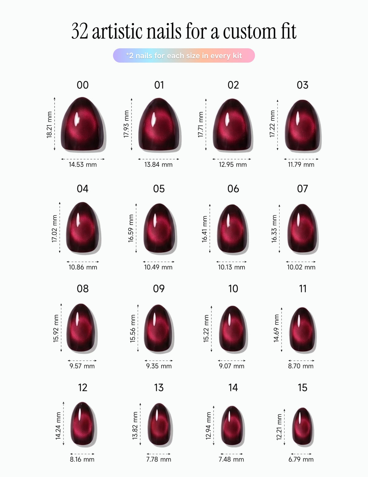 Cherry Noir — Almond size chart, 16 sizes with millimetre measurements