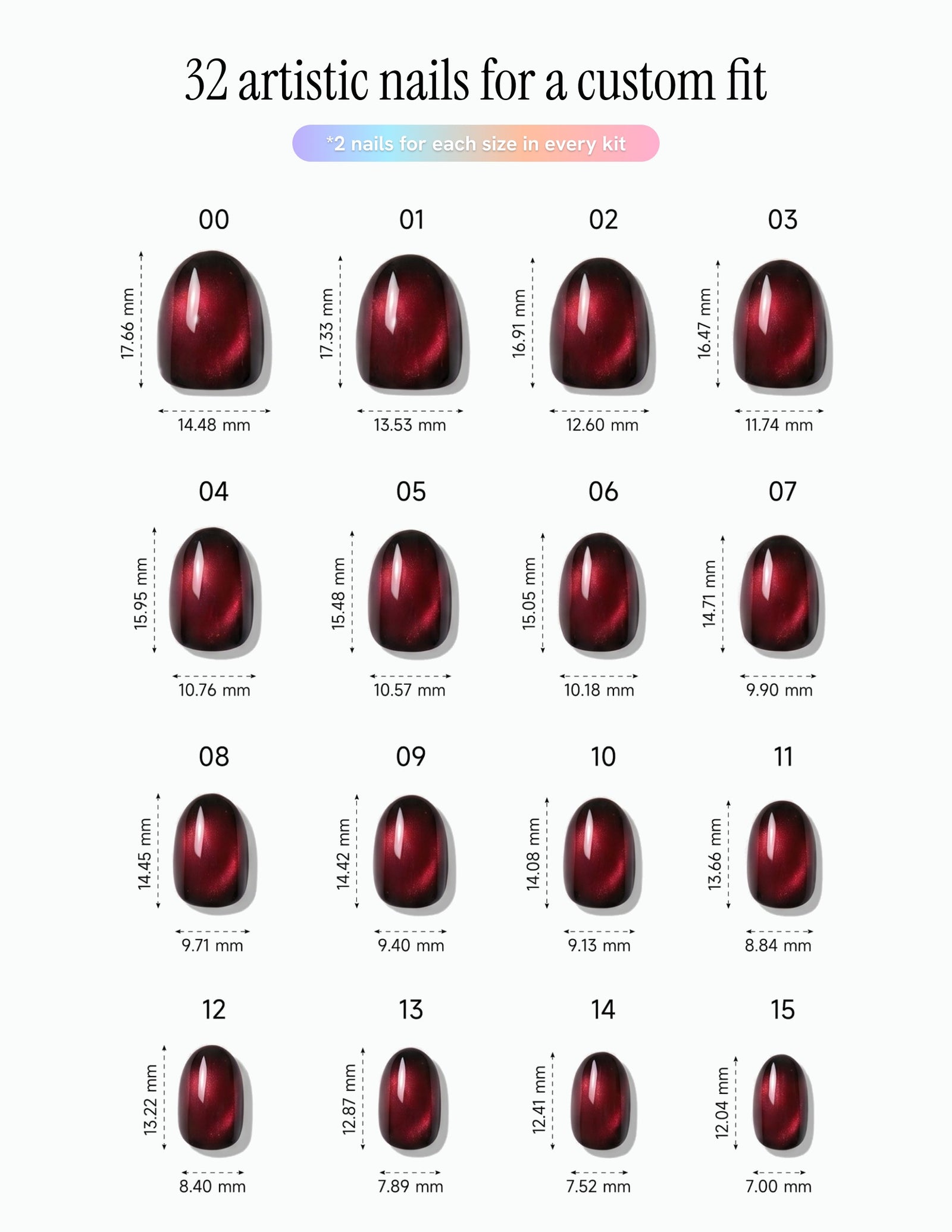 Cherry Noir — Oval size chart, 16 sizes with millimetre measurements