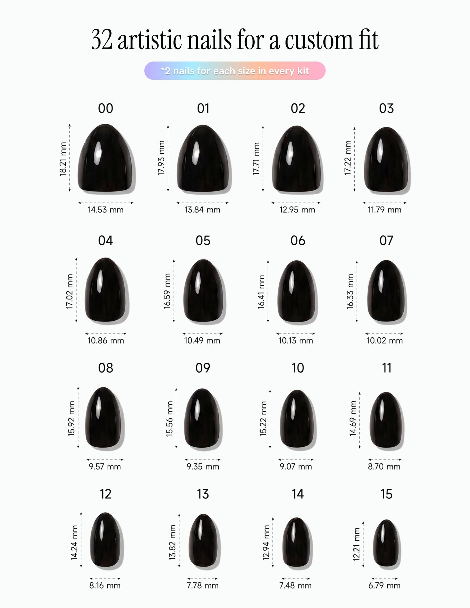 Blackout — Almond size chart, 16 sizes with millimetre measurements