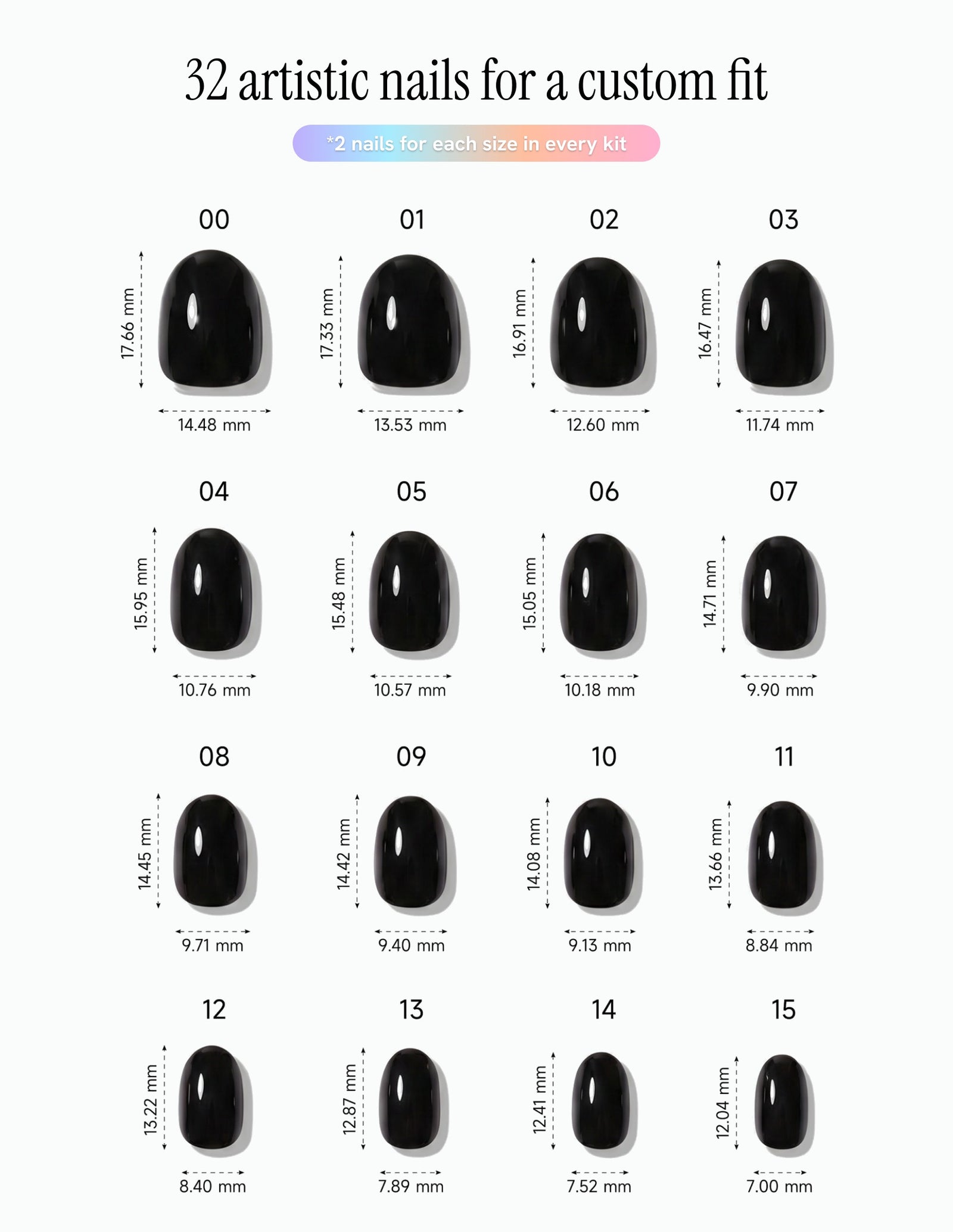 Blackout — Oval size chart, 16 sizes with millimetre measurements