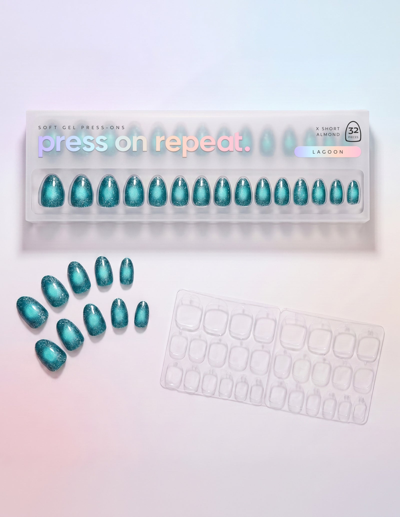 Lagoon press-on nails — Almond (extra-short) retail box with loose nails and adhesive tabs