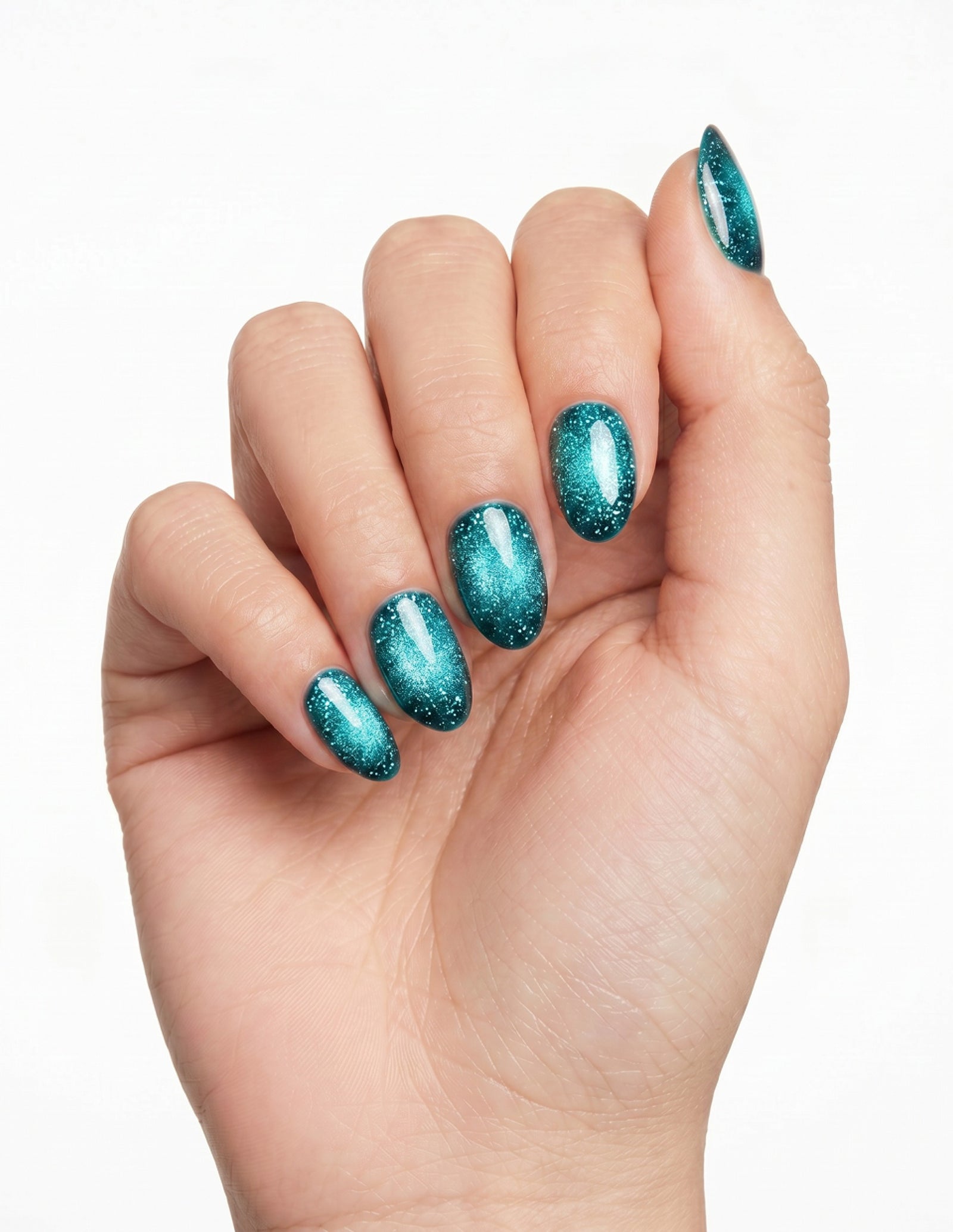 Lagoon press-on nails — Almond (extra-short), light-skin hand, fingers curled