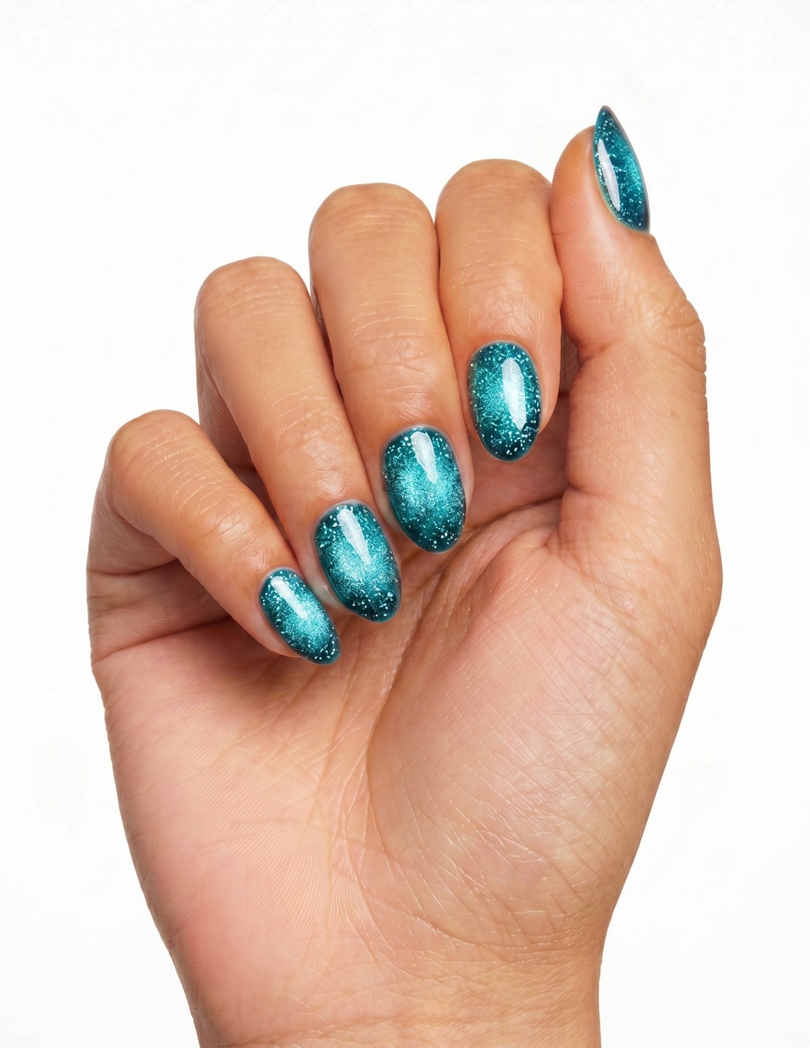 Lagoon press-on nails — Almond (extra-short), tan hand, fingers curled