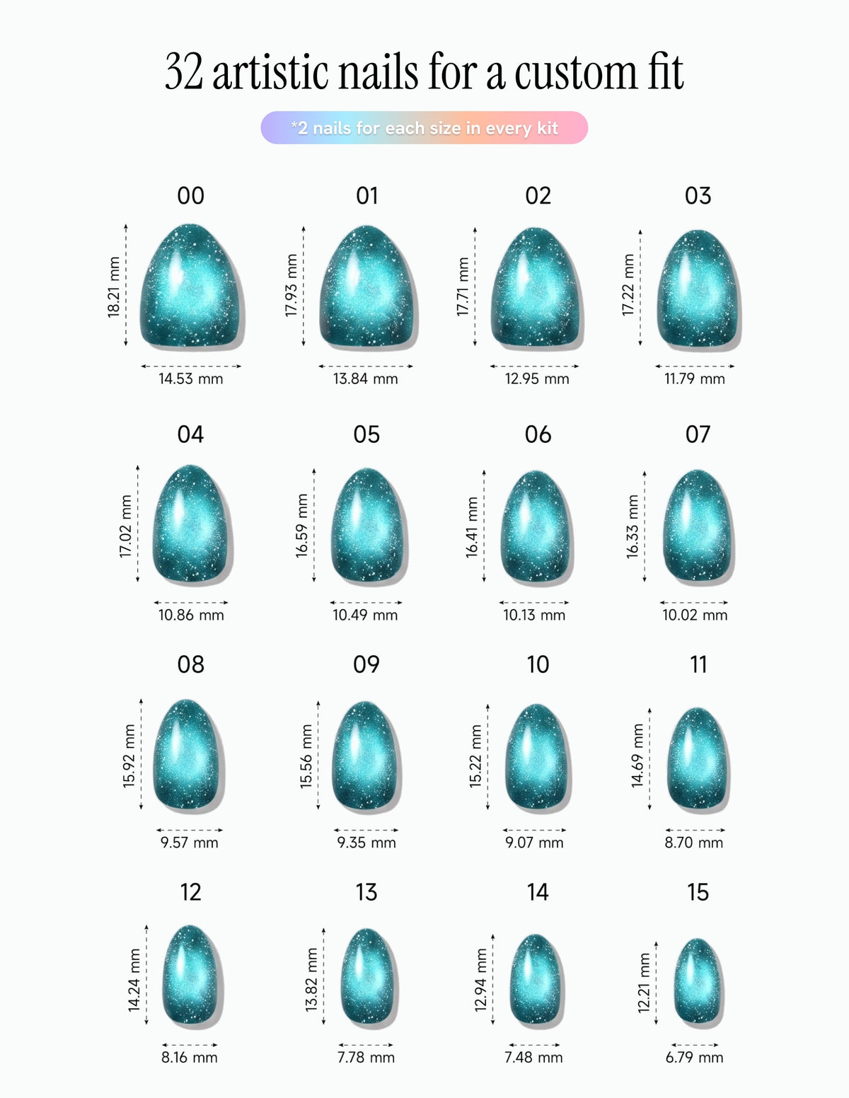 Lagoon — Almond size chart, 16 sizes with millimetre measurements