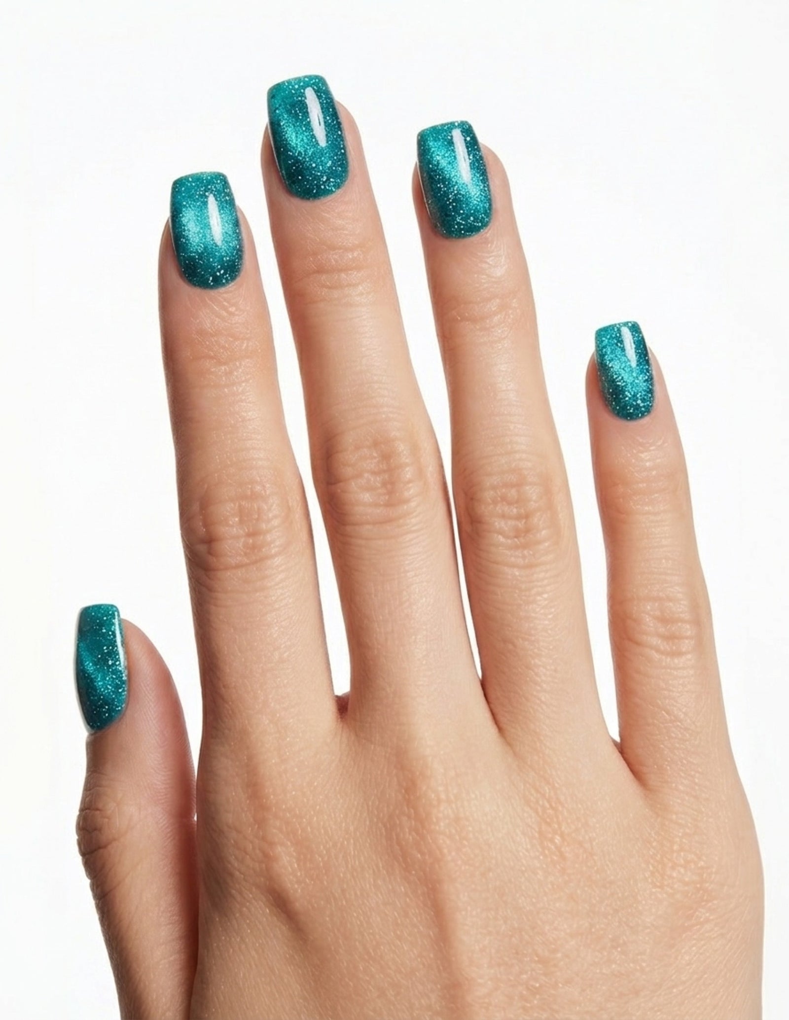 Lagoon press-on nails — Coffin (short), light-skin hand, back of hand