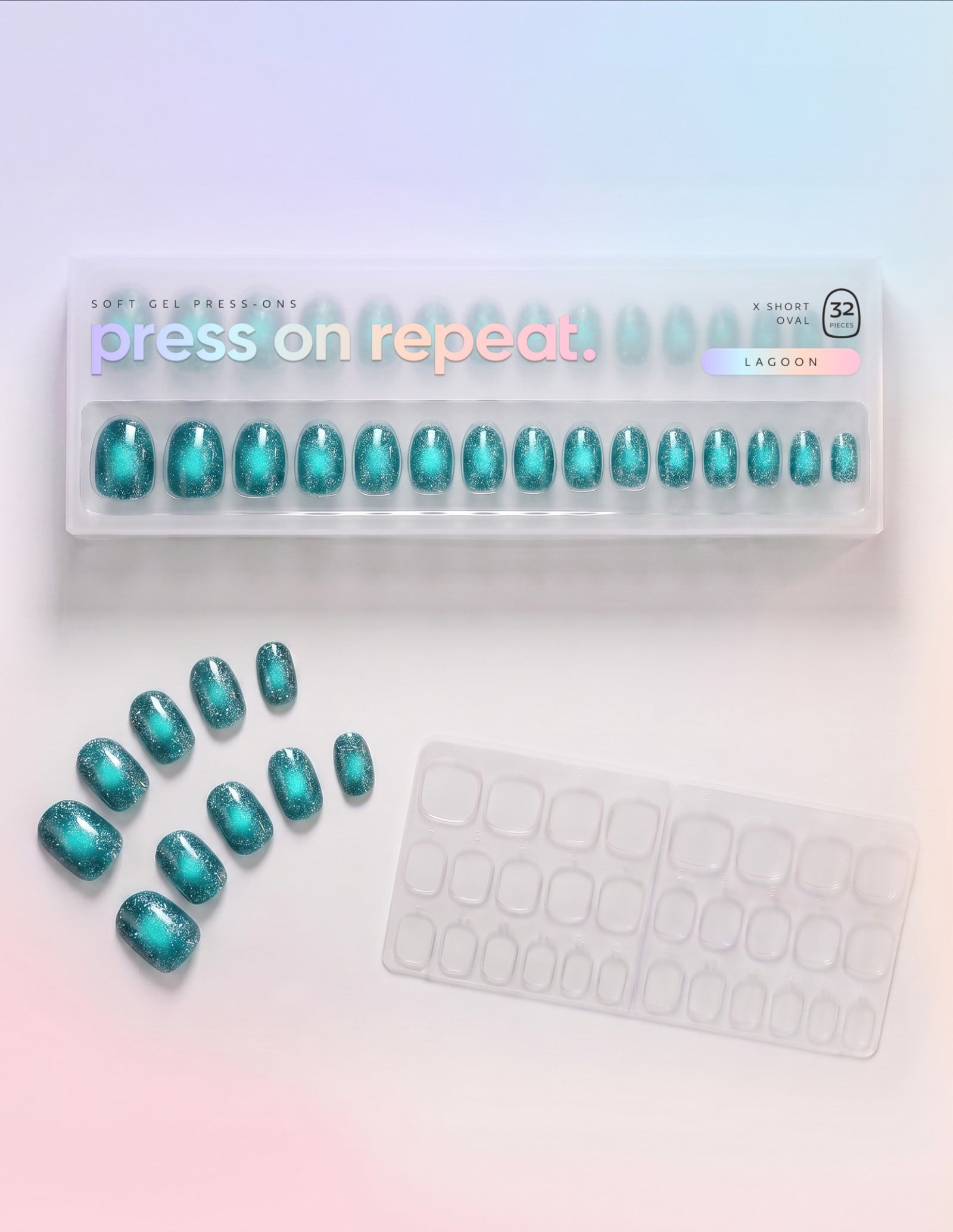 Lagoon press-on nails — Oval (extra-short) retail box with loose nails and adhesive tabs