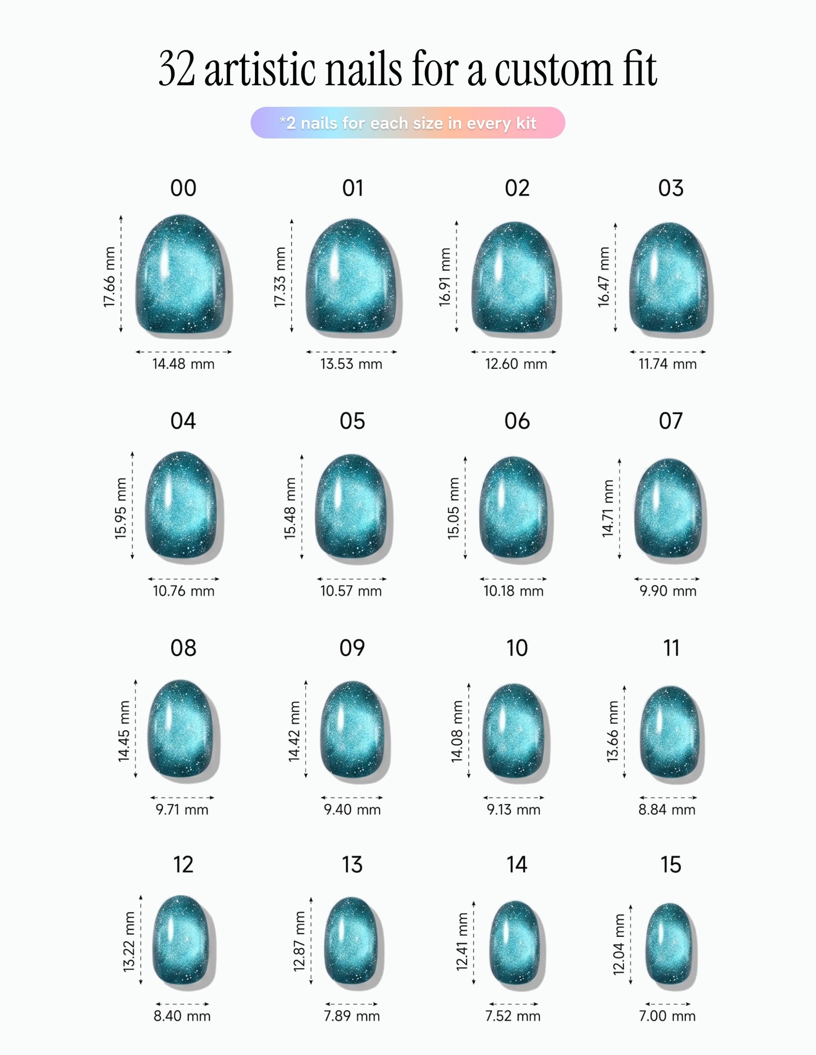 Lagoon — Oval size chart, 16 sizes with millimetre measurements