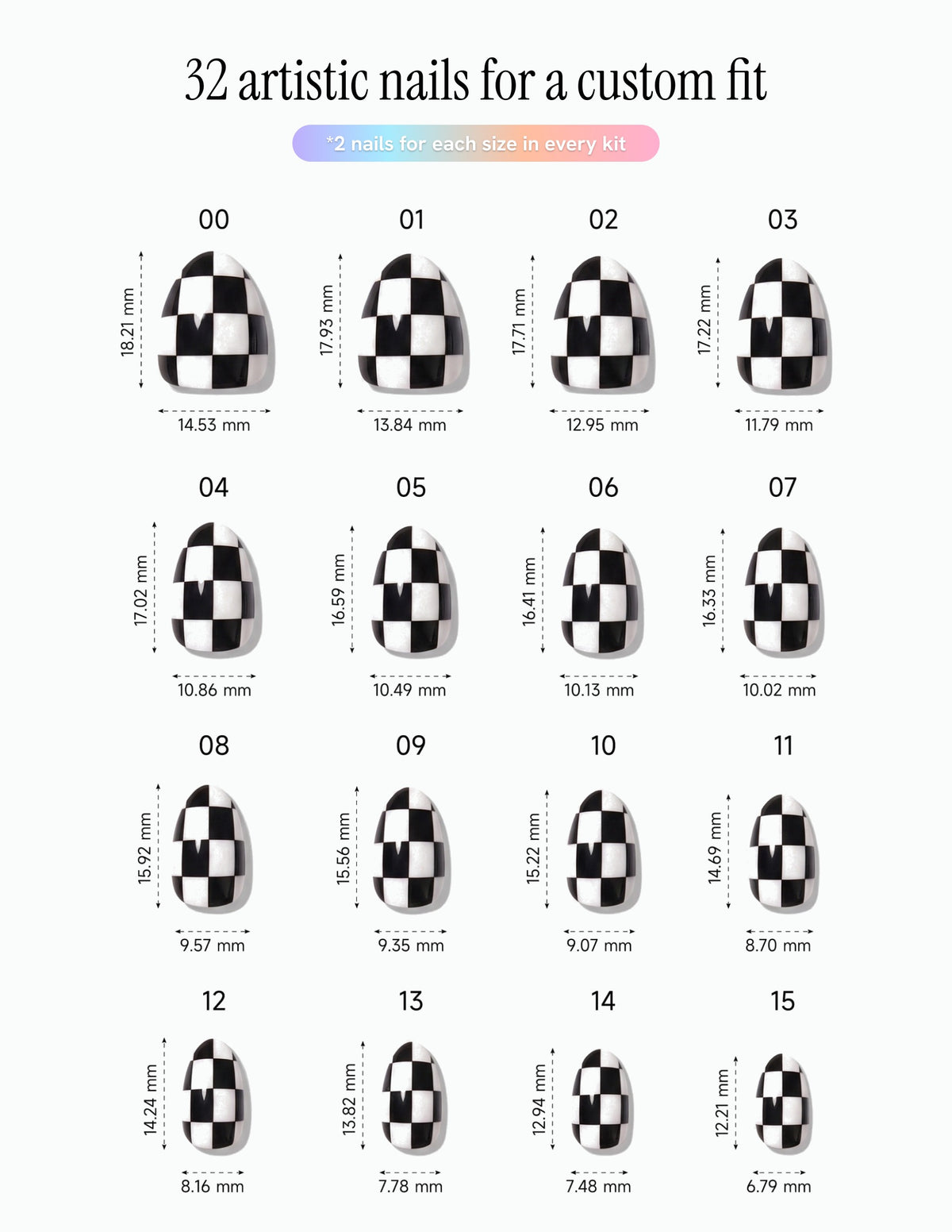 Checkmate — Almond size chart, 16 sizes with millimetre measurements
