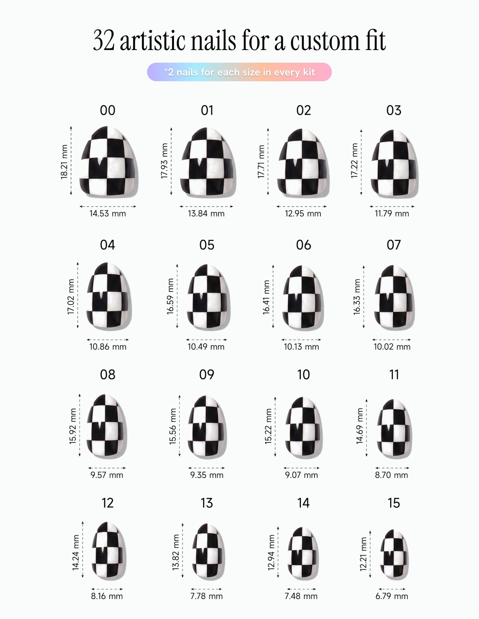 Checkmate — Almond size chart, 16 sizes with millimetre measurements