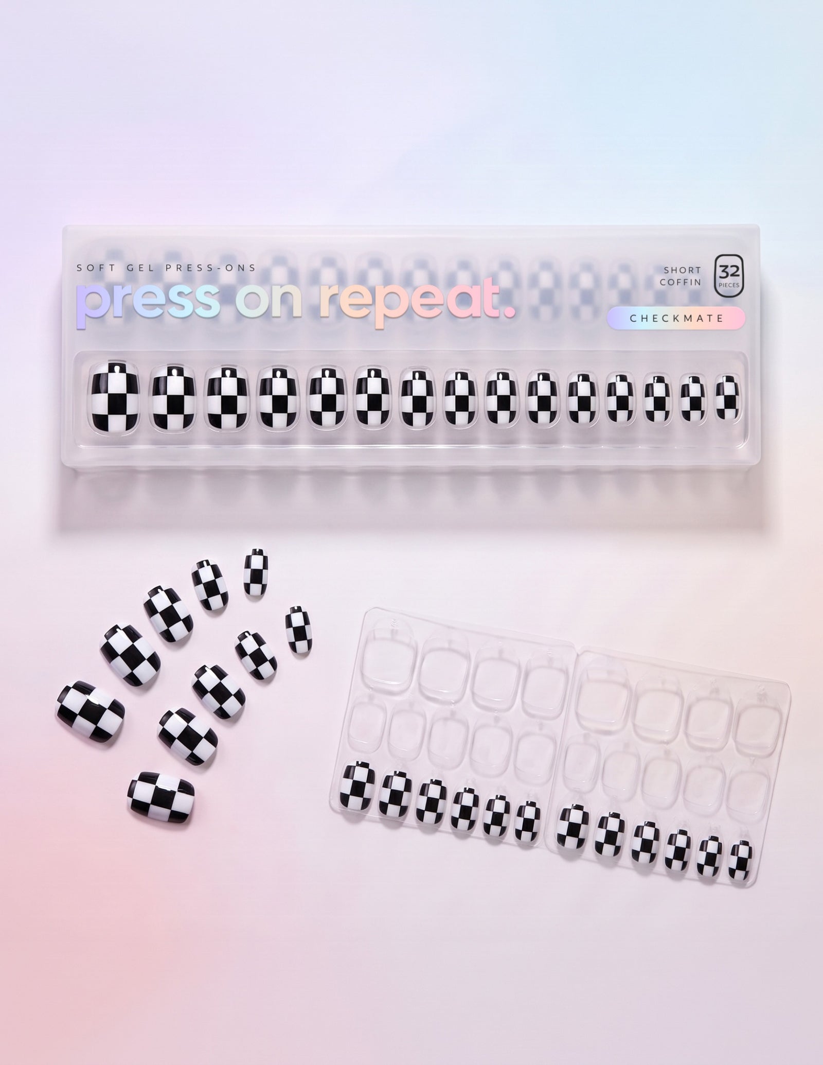 Checkmate press-on nails — Coffin (short) retail box with loose nails and adhesive tabs