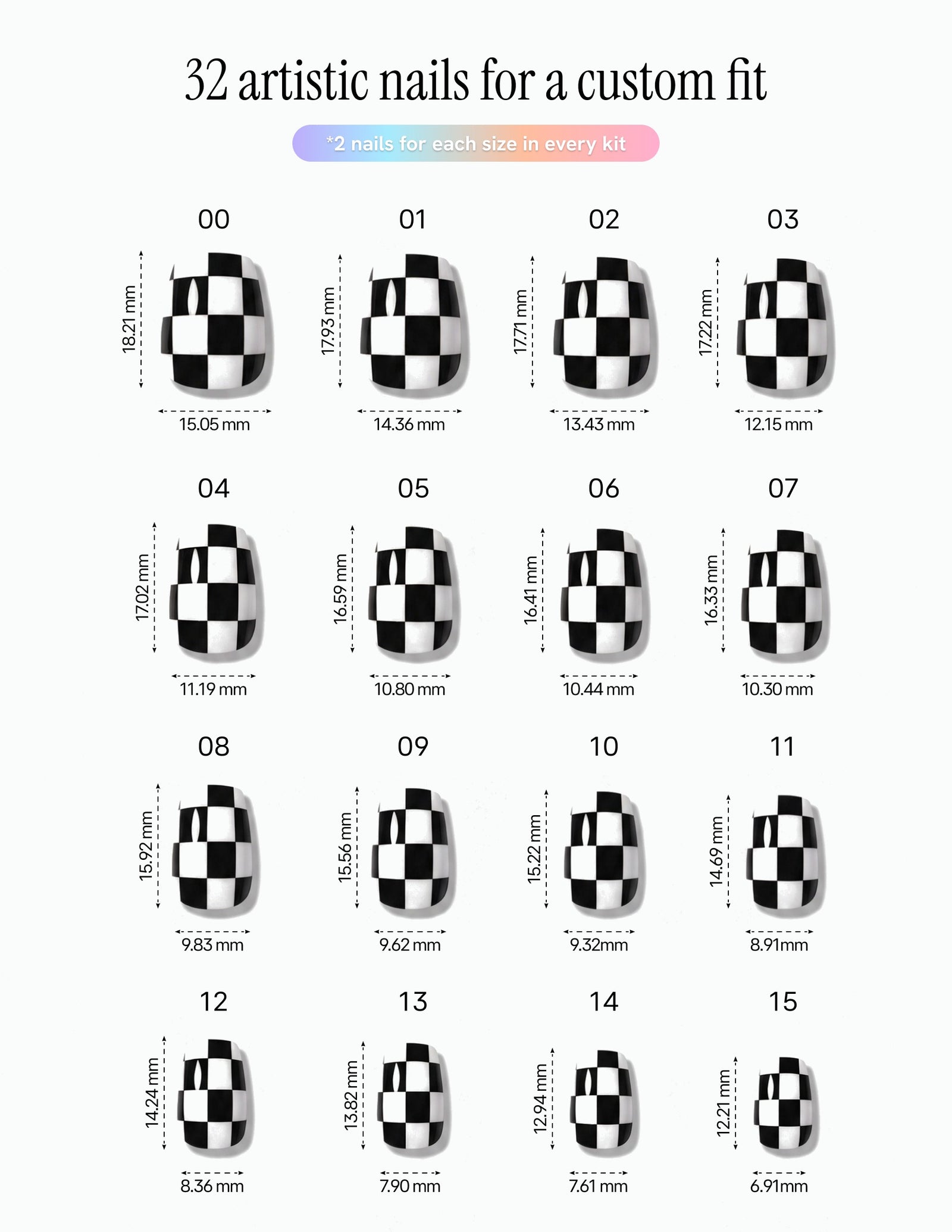 Checkmate — Coffin size chart, 16 sizes with millimetre measurements