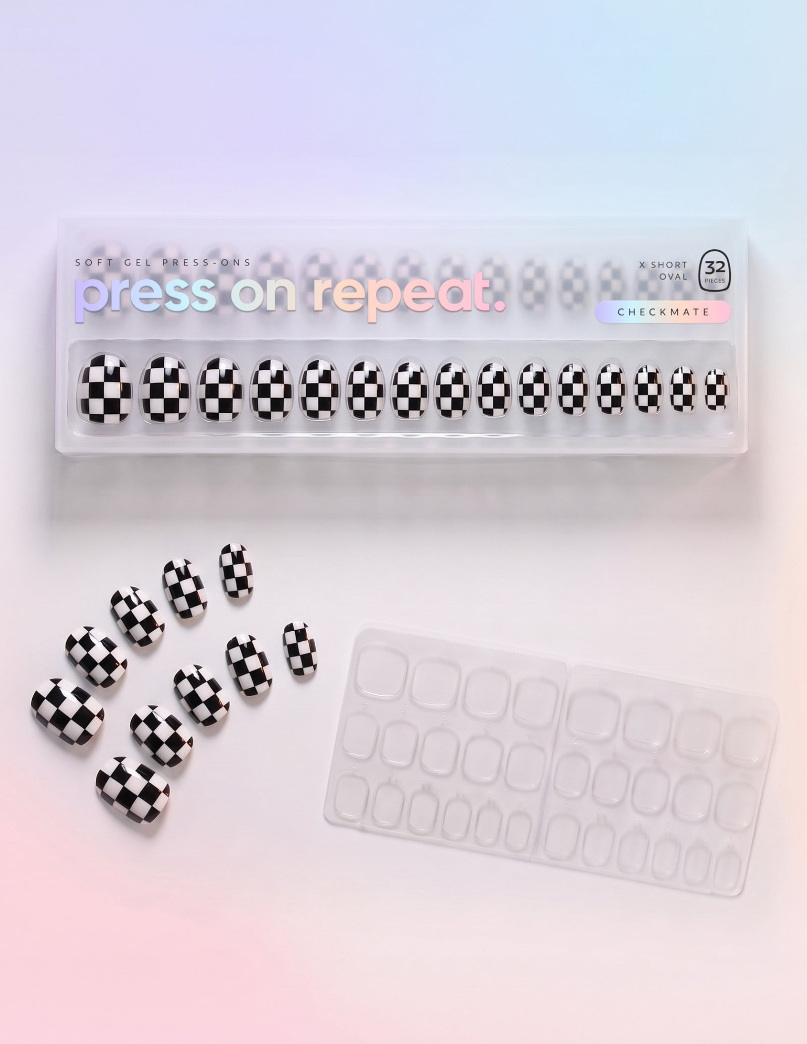 Checkmate press-on nails — Oval (extra-short) retail box with loose nails and adhesive tabs